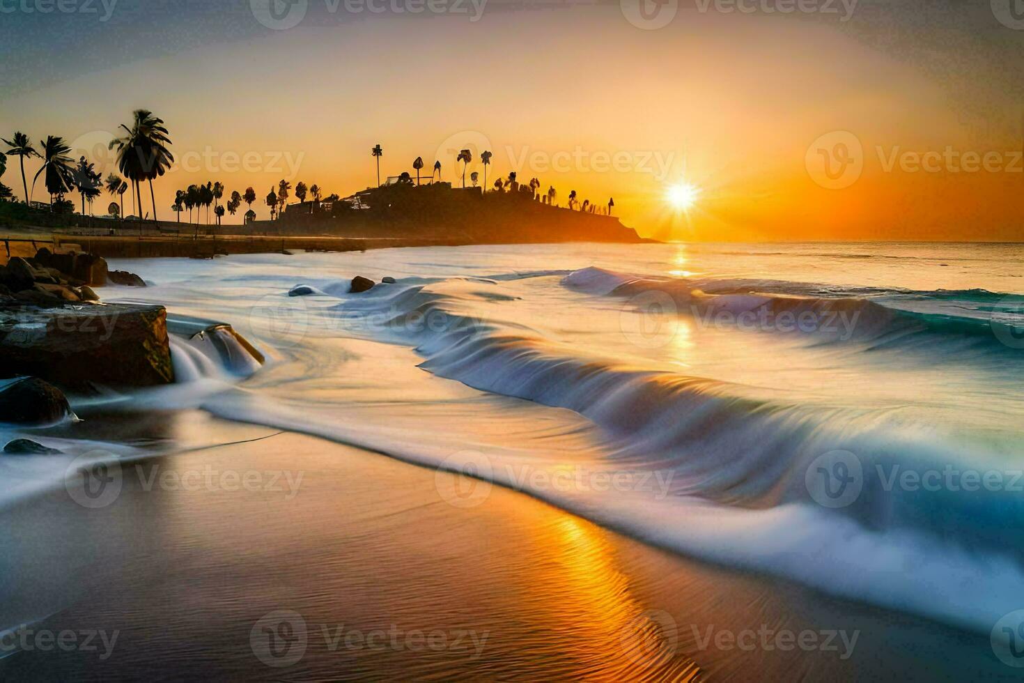 the sun sets over the ocean and waves. AI-Generated photo