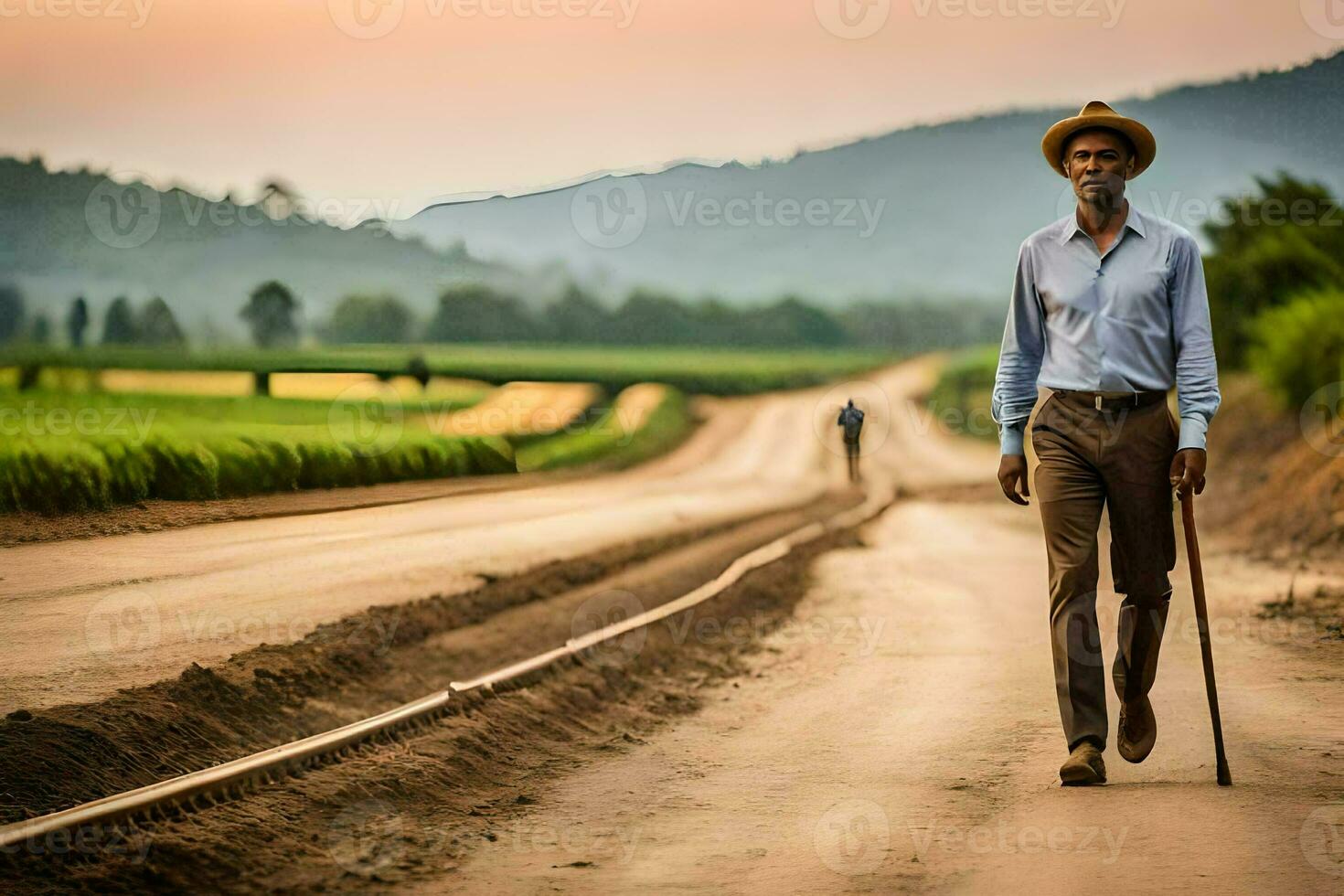 a man walking down a dirt road with a cane. AI-Generated photo