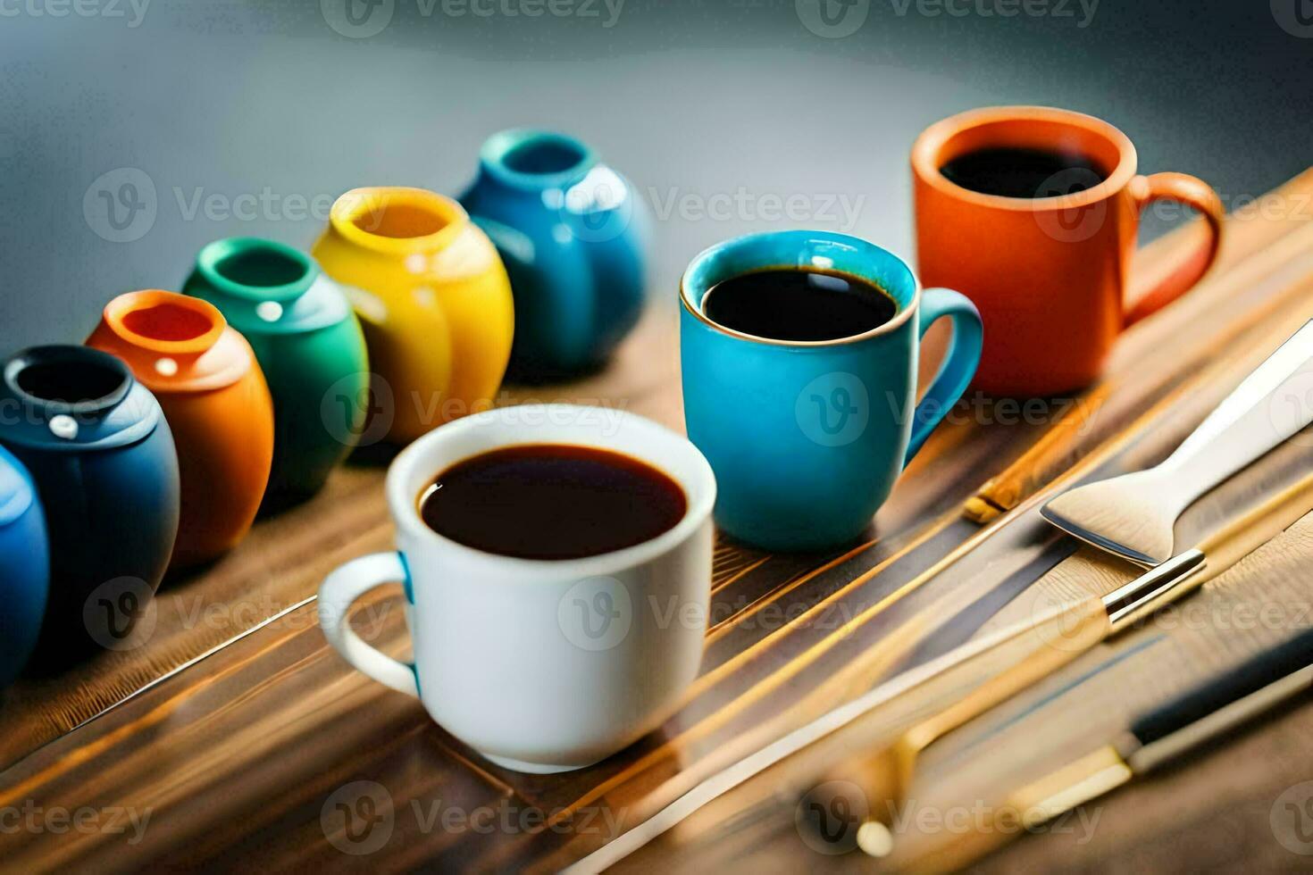 colorful coffee cups and brushes on a wooden table. AI-Generated photo