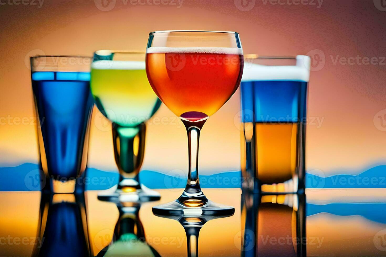 cuatro lentes de diferente de colores bebidas en un mesa. generado por ai foto