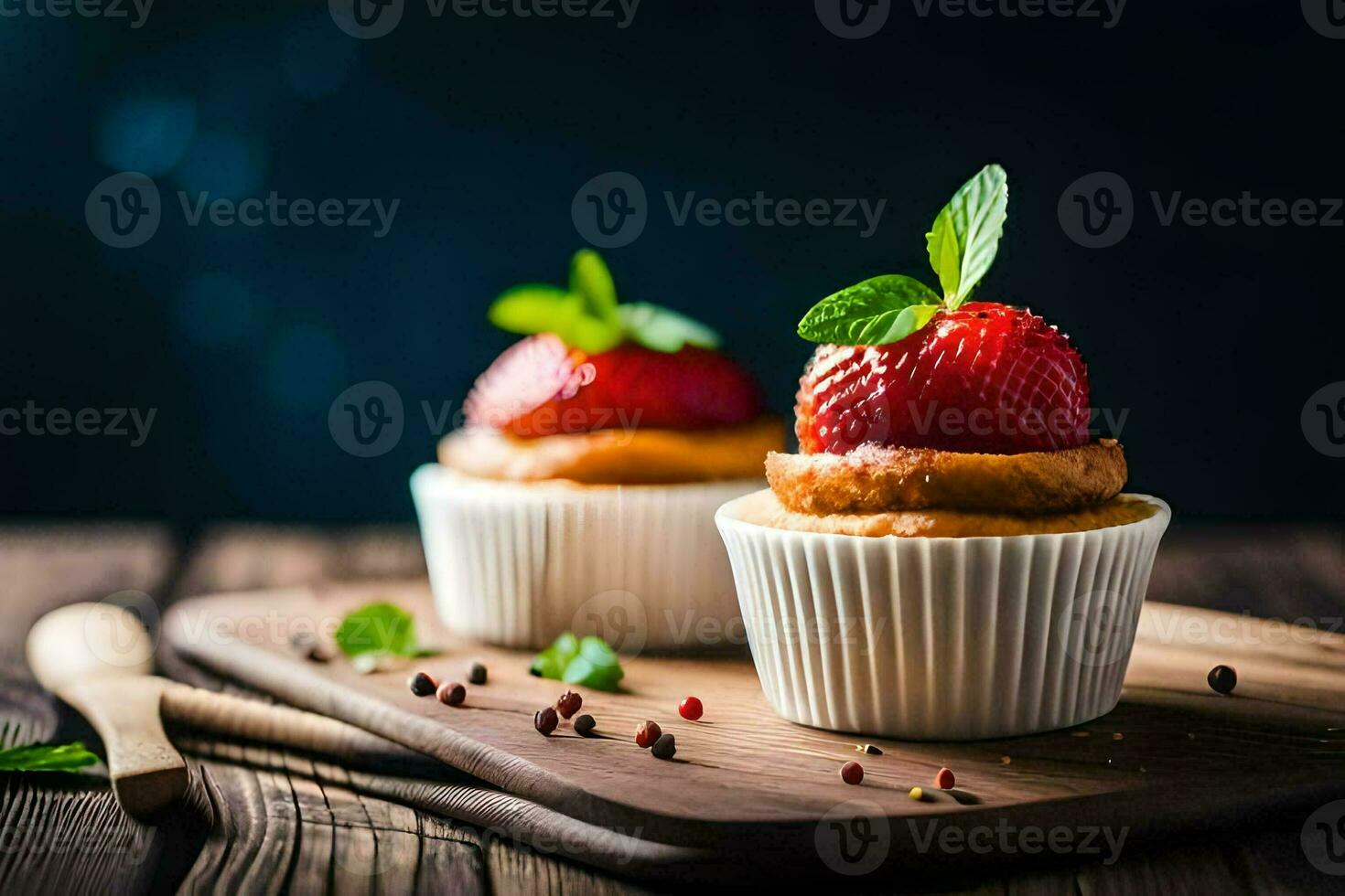 two cupcakes with strawberries on top on a wooden table. AI-Generated photo