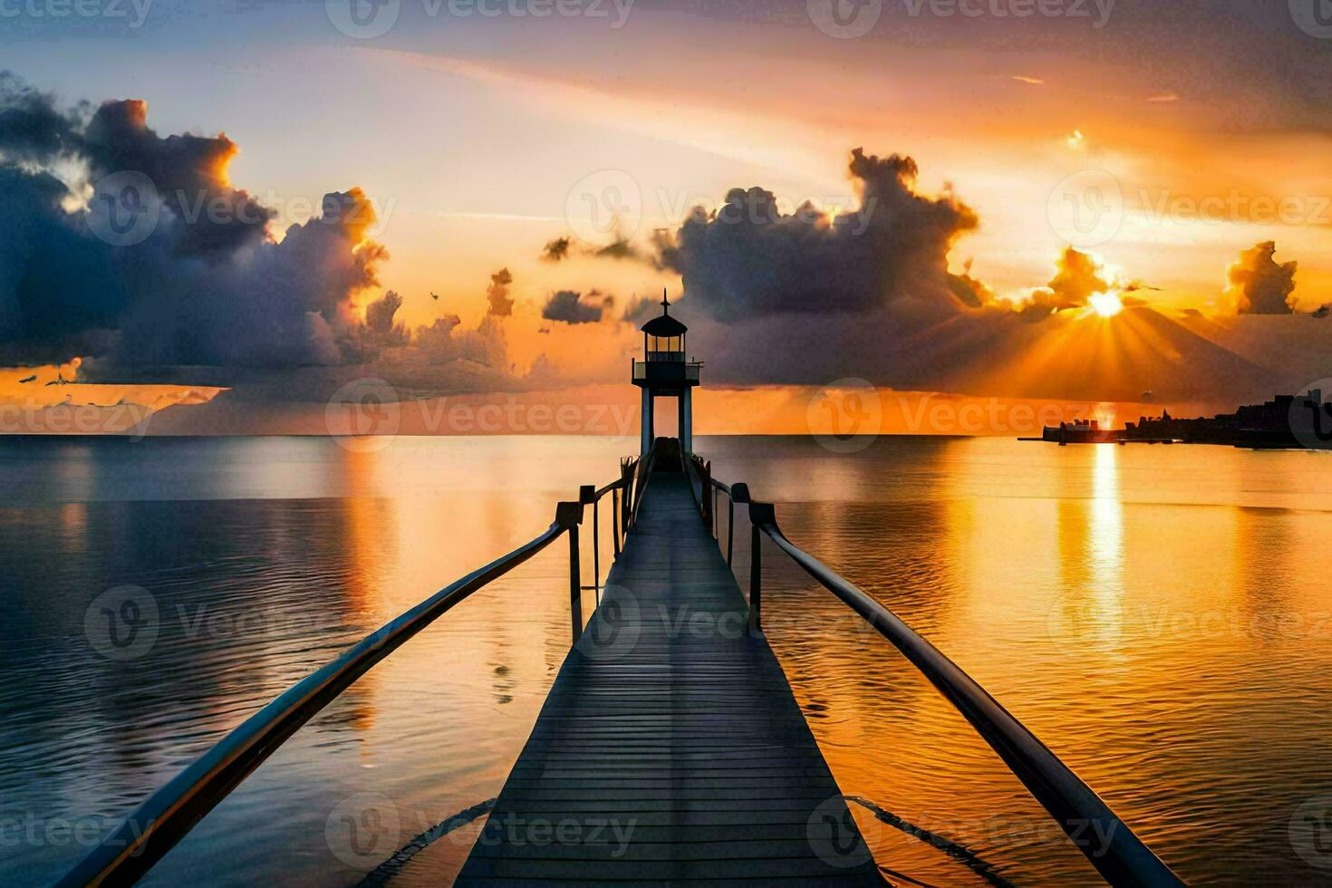a pier with a lighthouse at sunset. AI-Generated photo