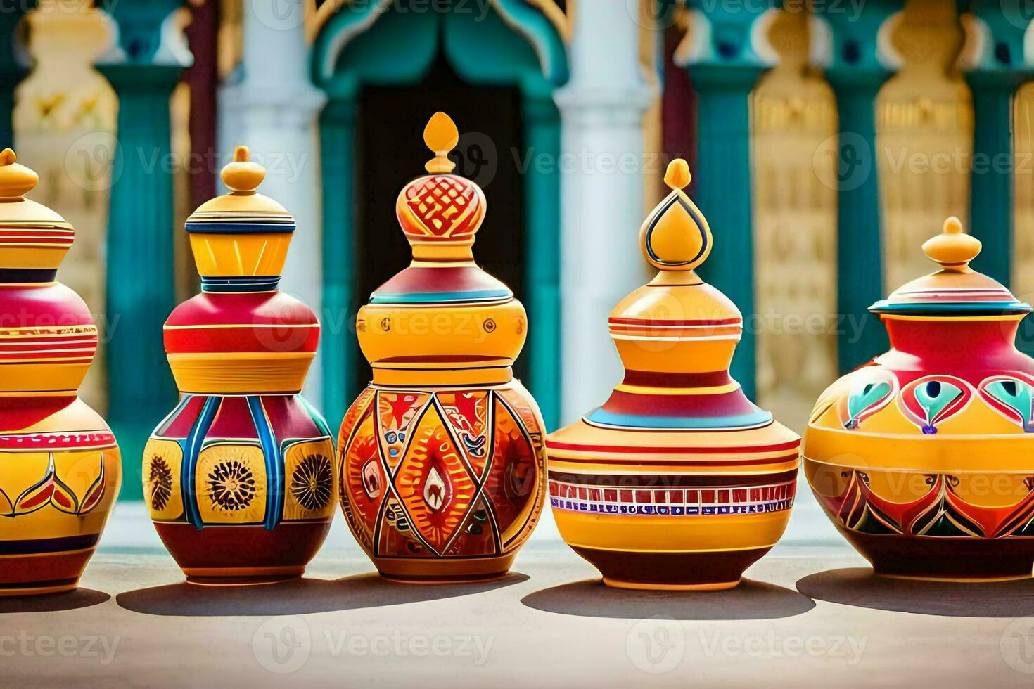 colorful vases are lined up in front of a building. AI-Generated photo