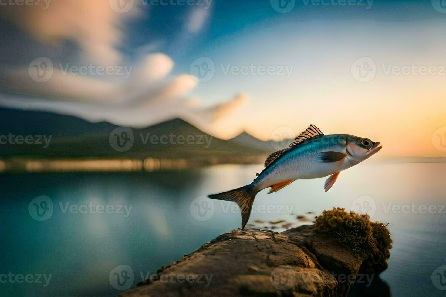 a fish is standing on a rock in front of the ocean. AI-Generated photo