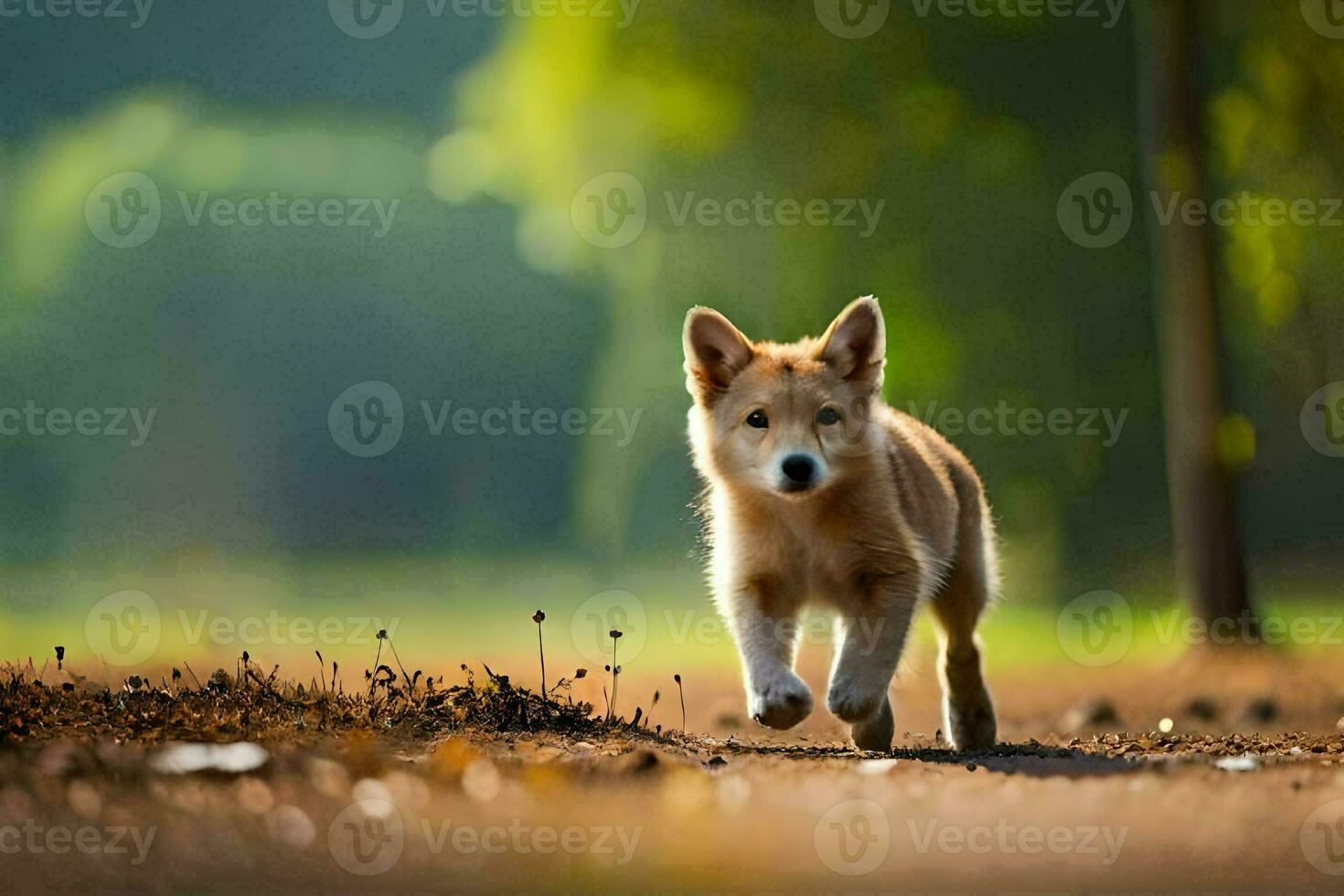 a puppy running on a dirt road in the morning. AI-Generated photo