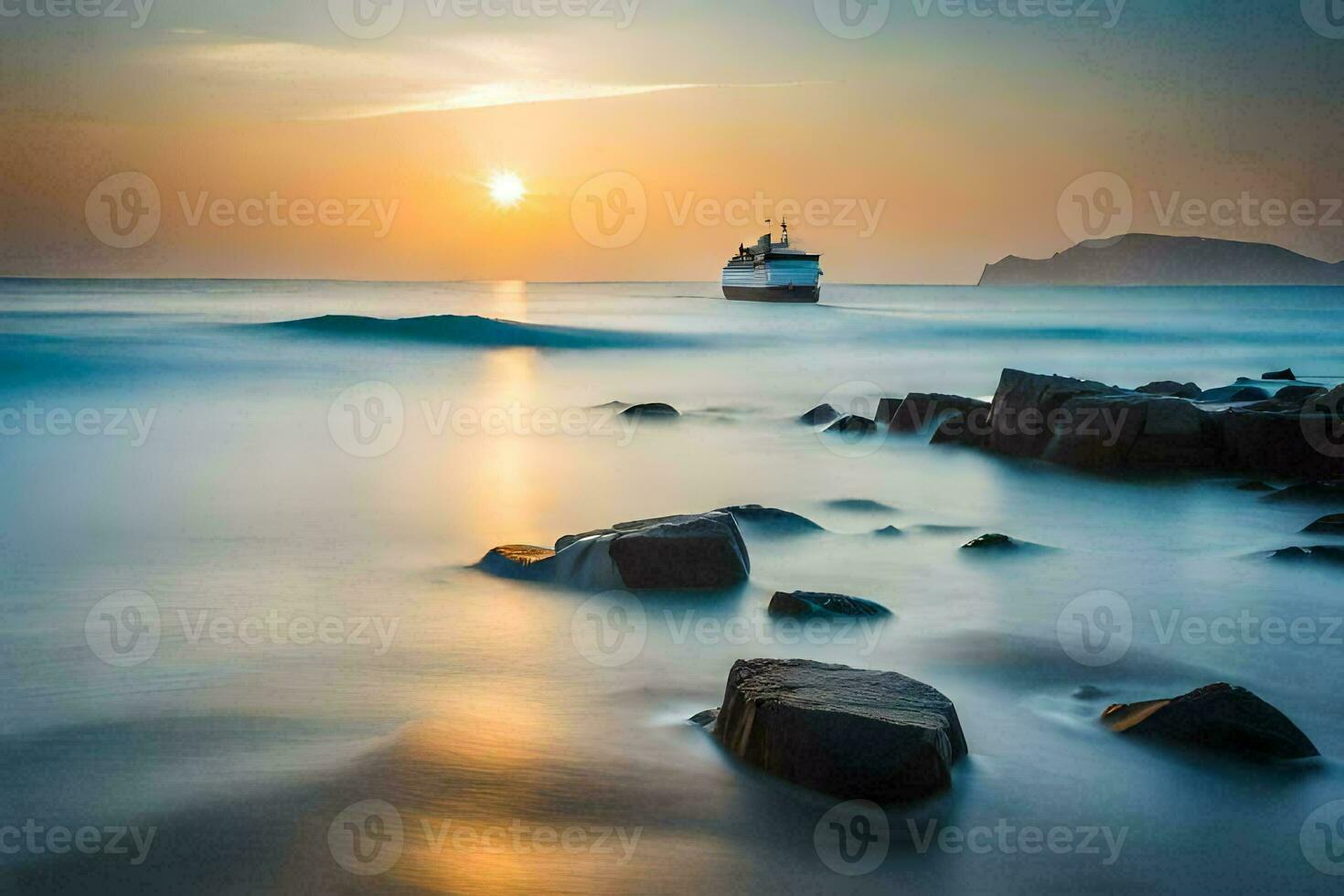 a boat is sailing on the ocean at sunset. AI-Generated photo