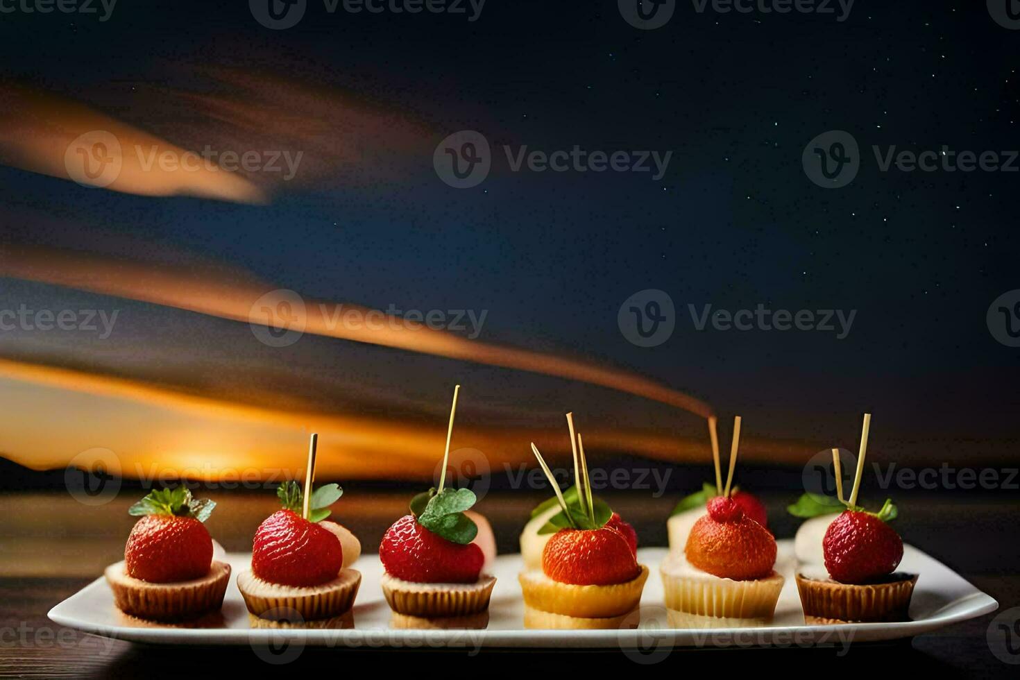 strawberries and strawberries on a plate with a sunset in the background. AI-Generated photo