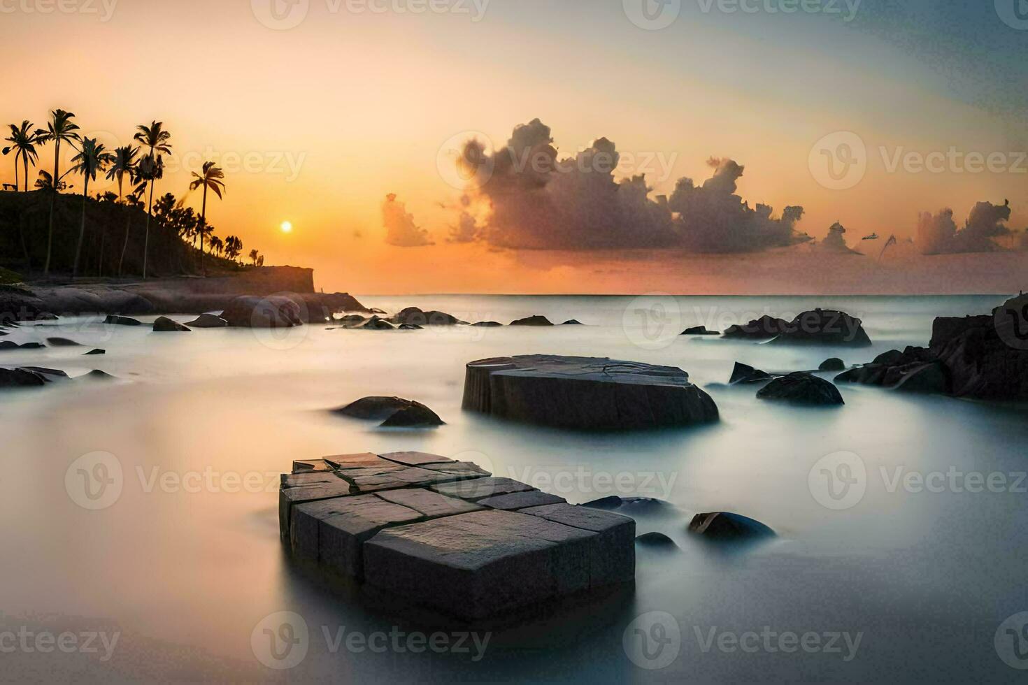 a beautiful sunset over the ocean with rocks in the water. AI-Generated photo