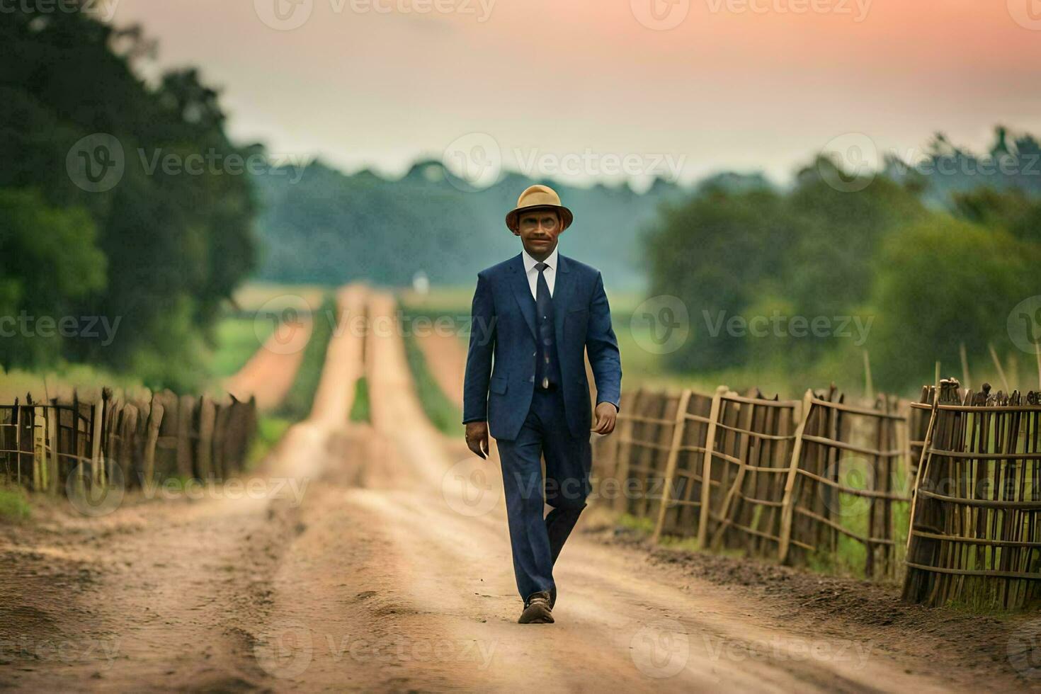 a man in a suit and hat walking down a dirt road. AI-Generated photo