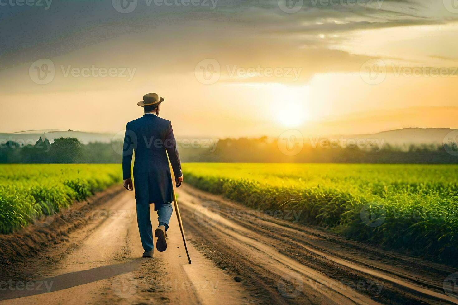 a man in a suit walking down a dirt road. AI-Generated photo