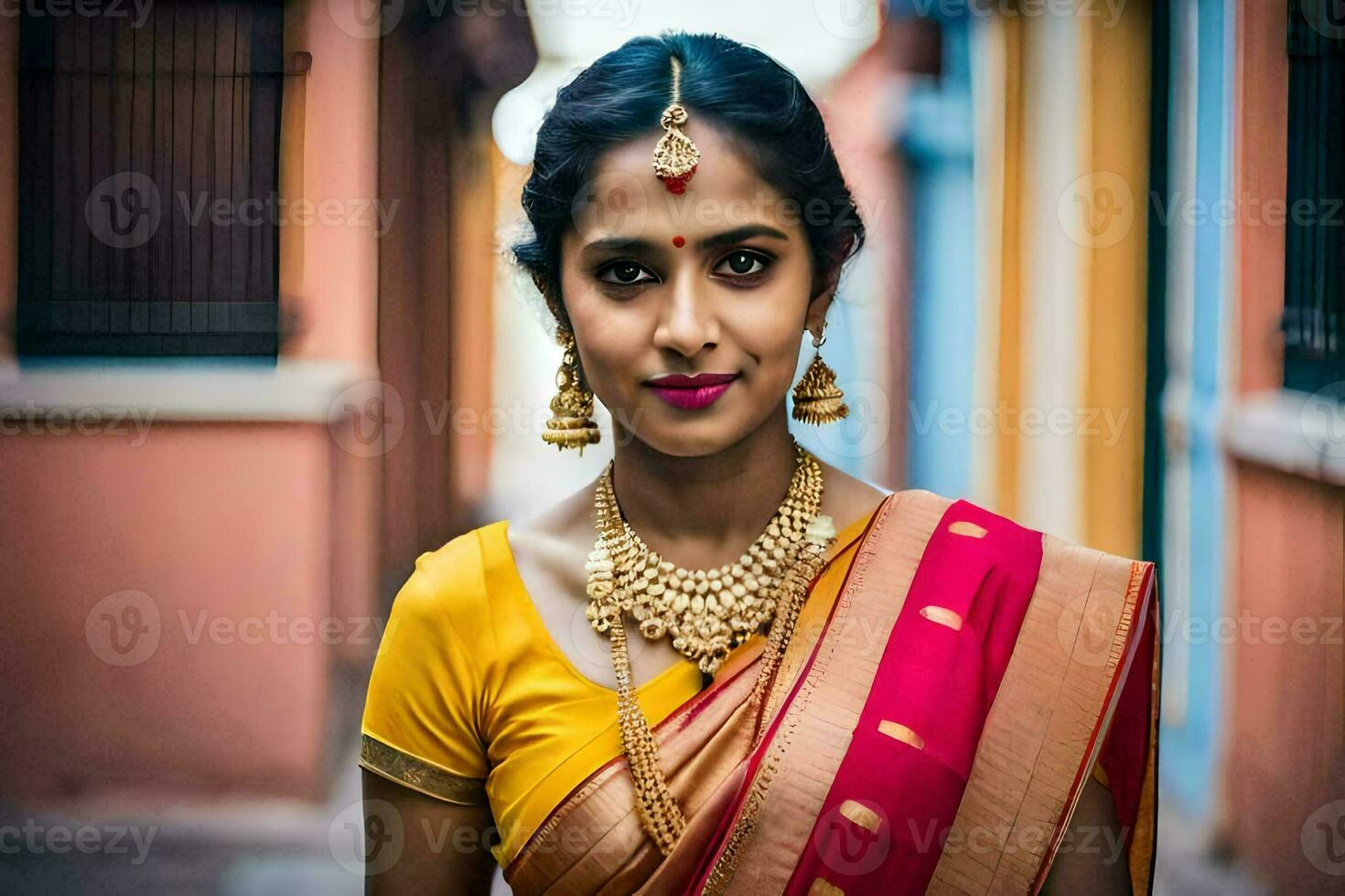 a beautiful indian woman in a yellow sari. AI-Generated photo