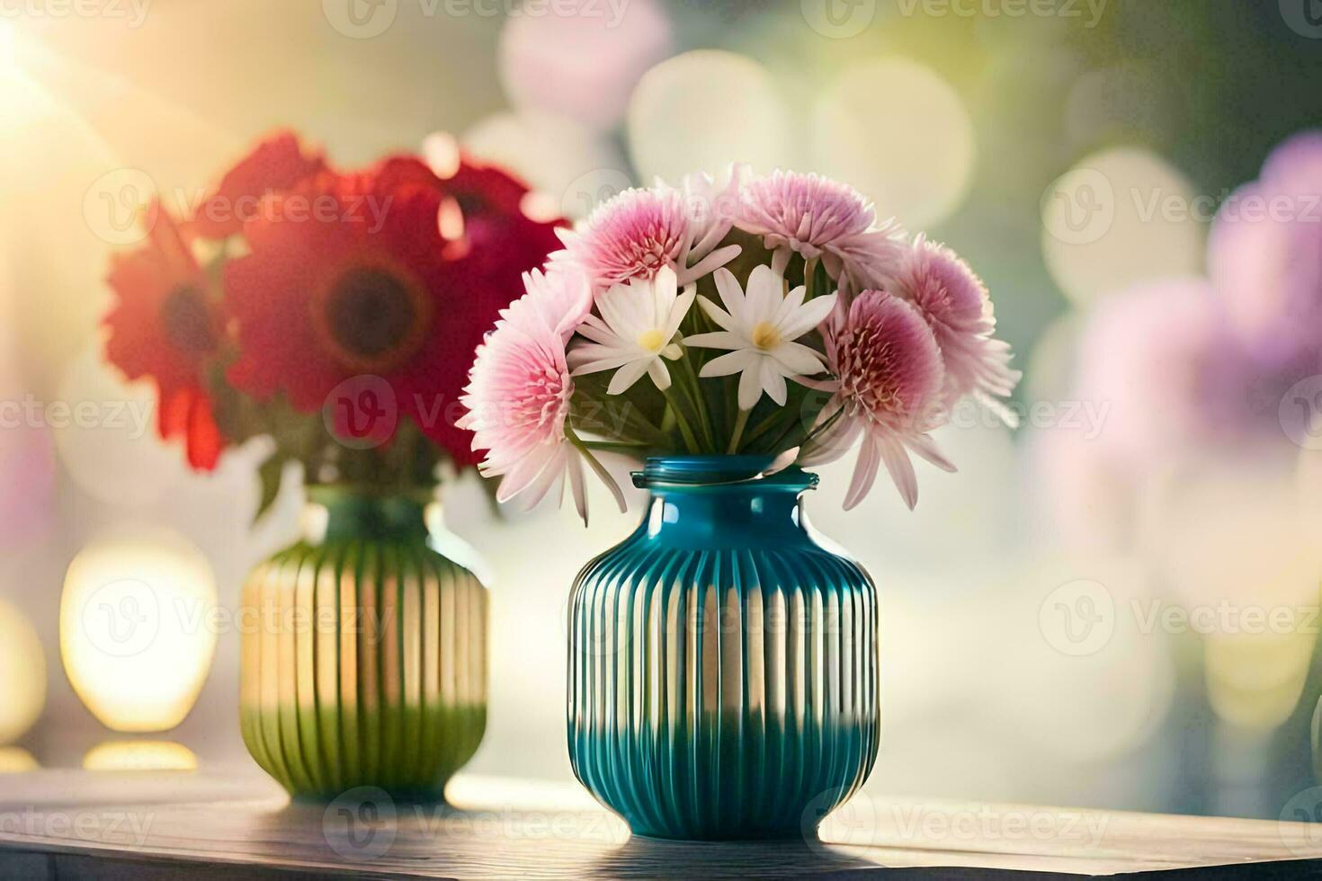 two vases with flowers on a table. AI-Generated photo