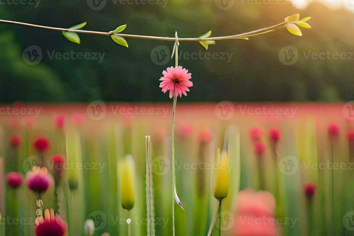 a pink flower is hanging from a branch in a field. AI-Generated photo
