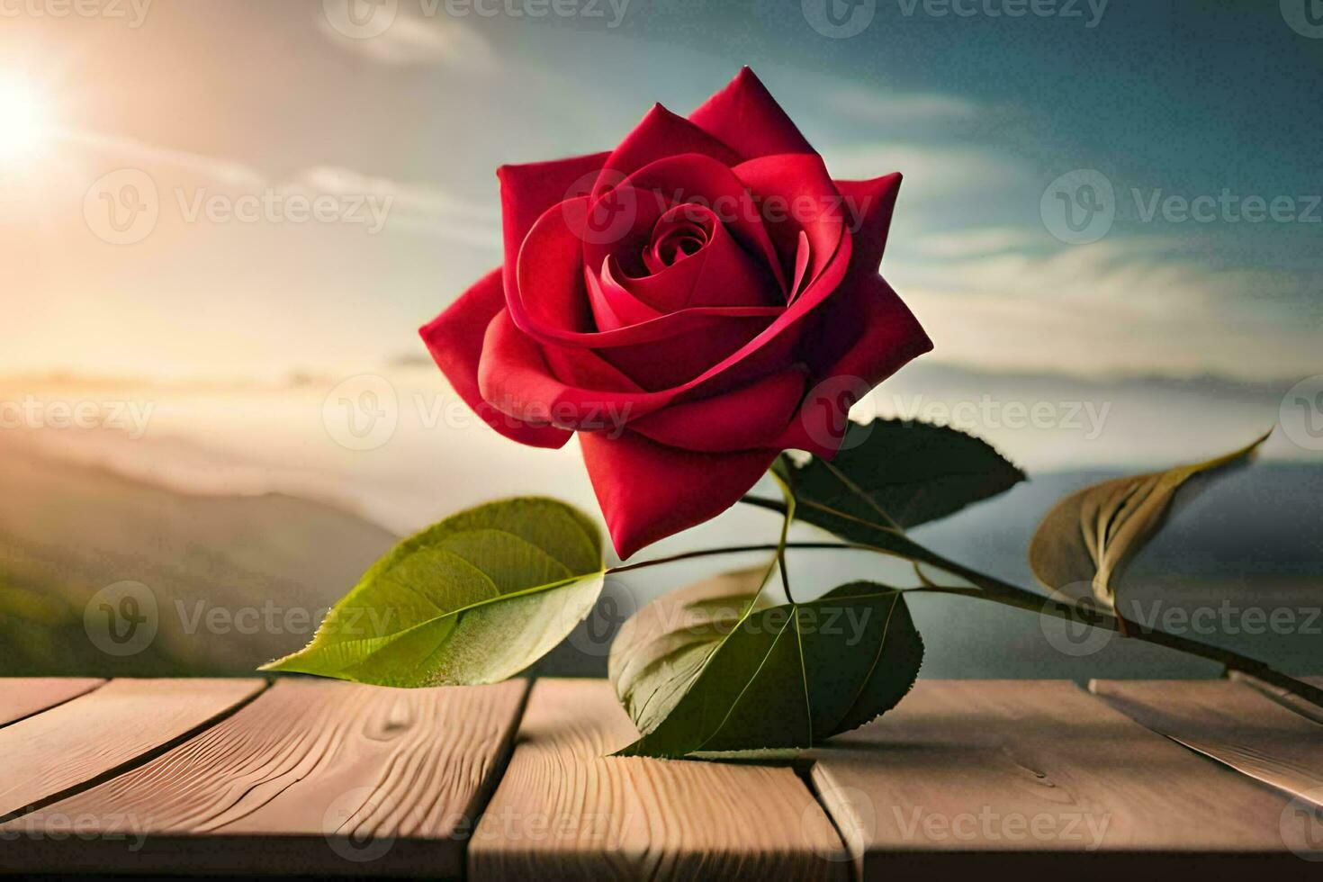 a single red rose sits on a wooden table in front of a sunset. AI-Generated photo