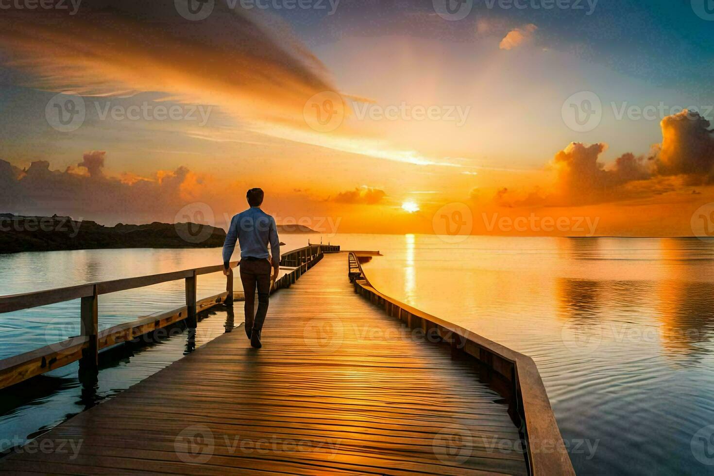 a man walking on a wooden pier at sunset. AI-Generated photo