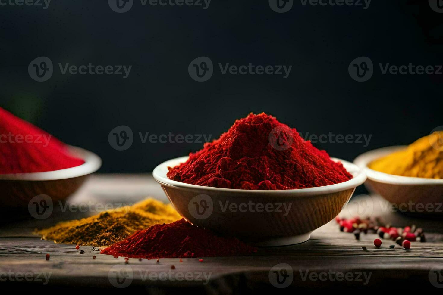 three bowls of red, yellow and green spices. AI-Generated photo