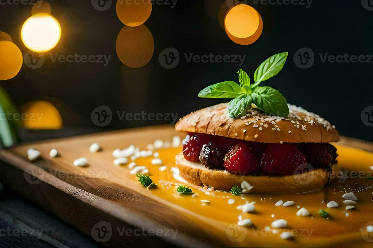 a hamburger with strawberries and mint on a wooden board. AI-Generated photo