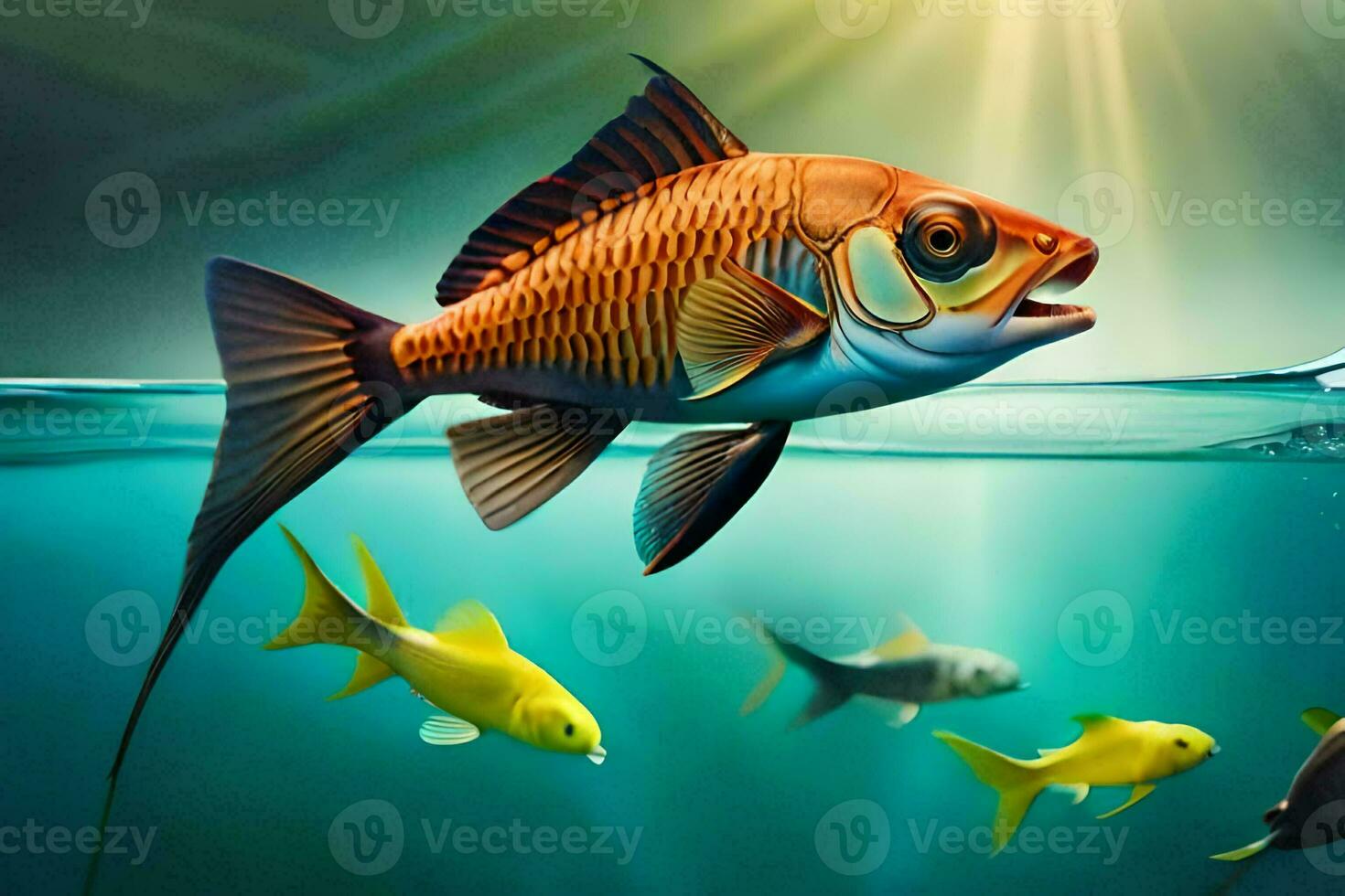 fish in the ocean with sun shining on them. AI-Generated photo