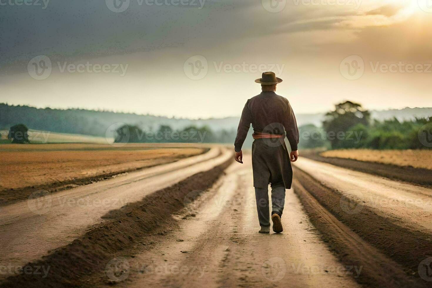 a man in a cowboy hat walks down a dirt road. AI-Generated photo