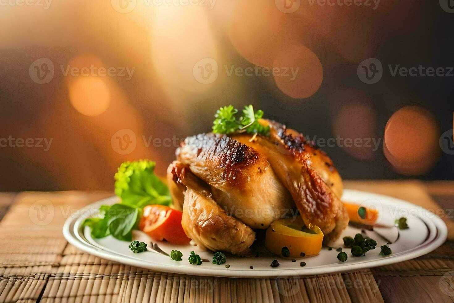 a chicken on a plate with vegetables and a light background. AI-Generated photo