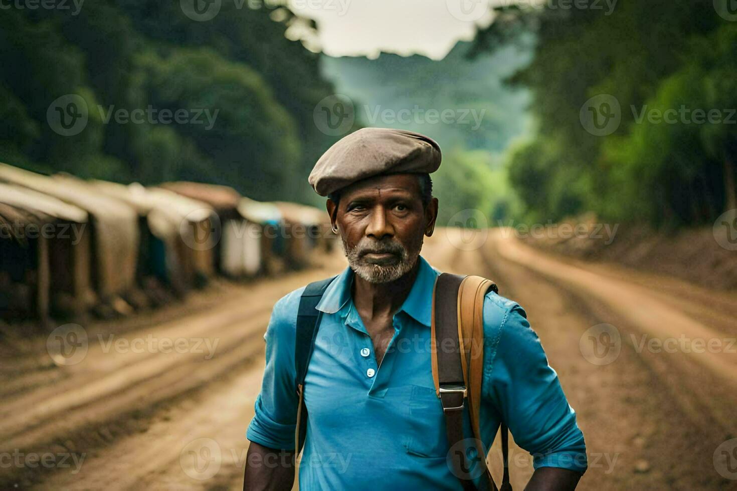 a man with a backpack walking down a dirt road. AI-Generated photo