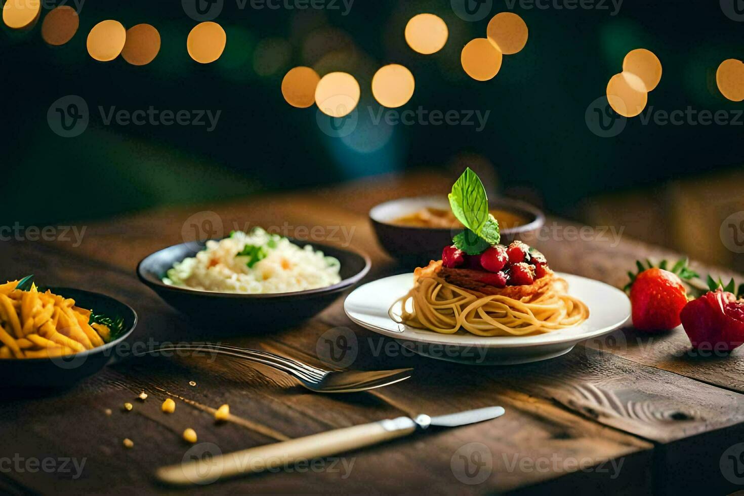 spaghetti, rice and strawberries on a wooden table. AI-Generated photo