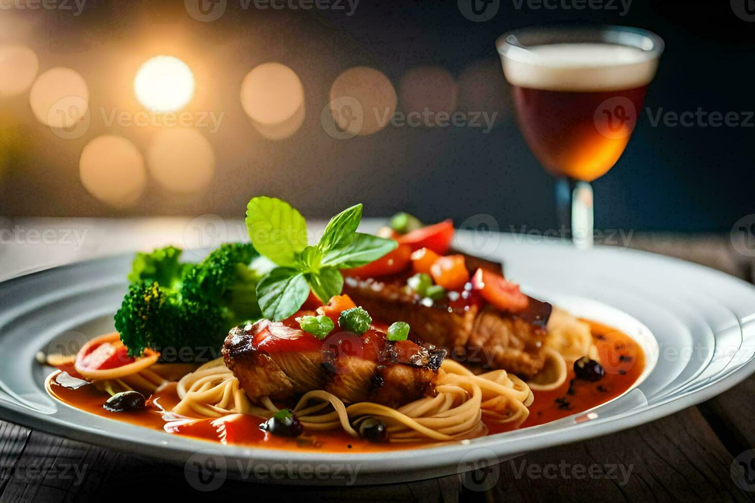 a plate of spaghetti with meat and vegetables. AI-Generated photo