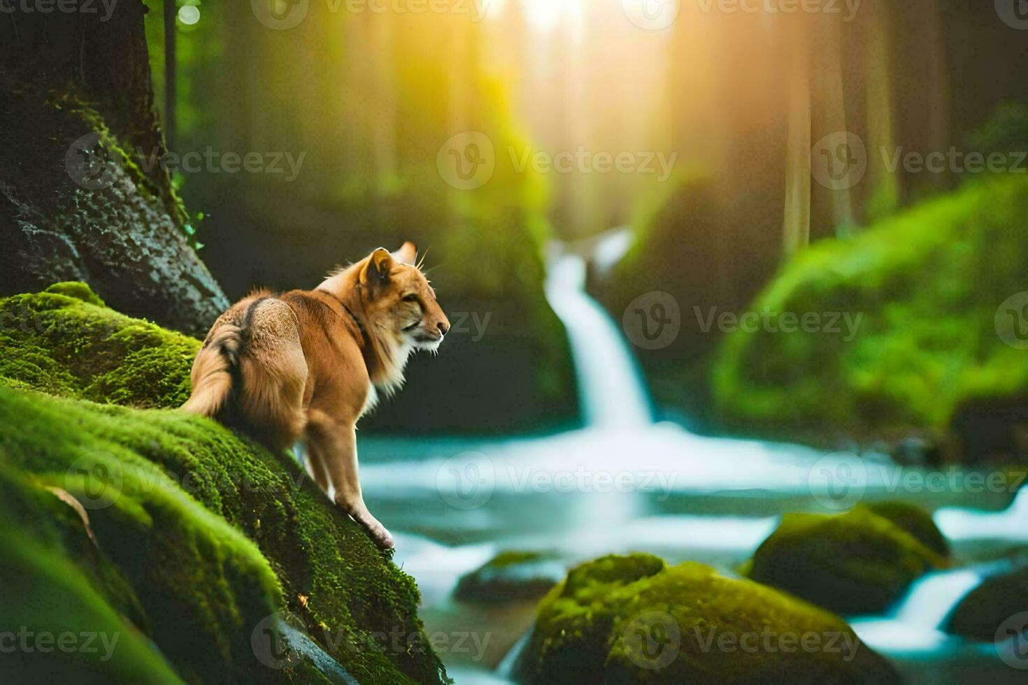 a wolf is standing on a rock in front of a waterfall. AI-Generated photo