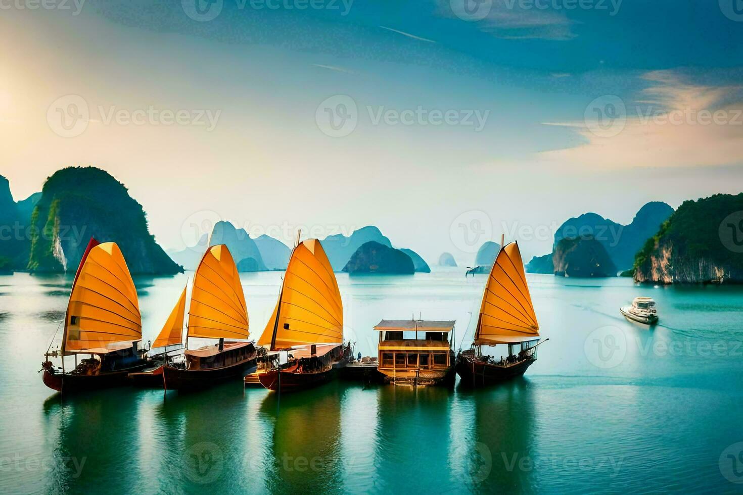 three boats with yellow sails in the water. AI-Generated photo
