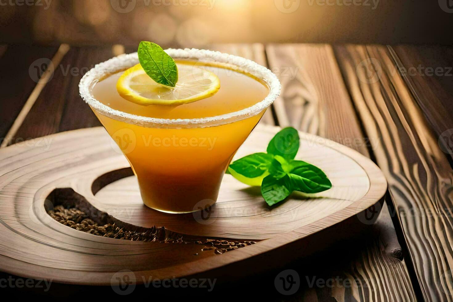 a cocktail with lemon and mint on a wooden tray. AI-Generated photo