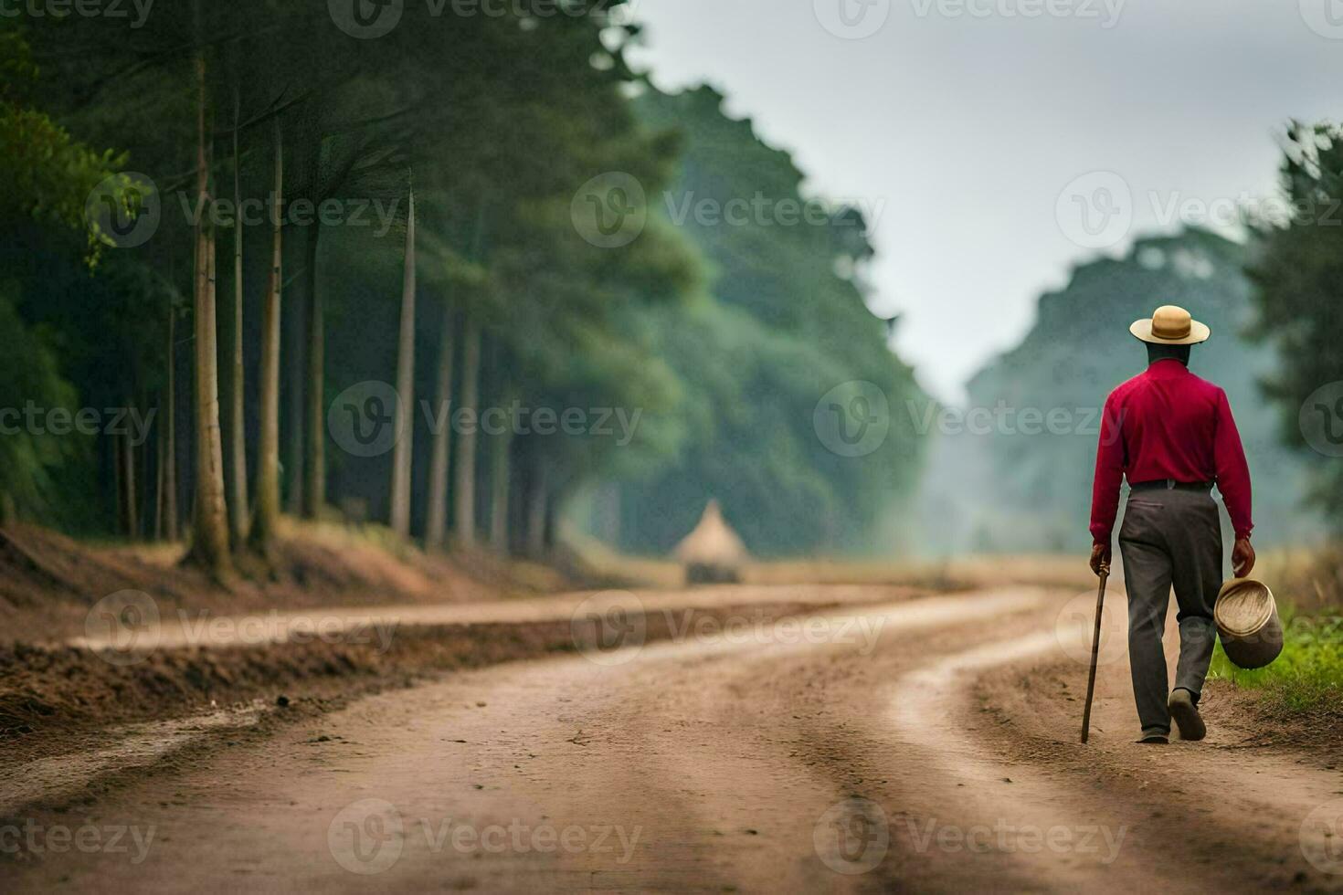a man walking down a dirt road with a cane. AI-Generated photo