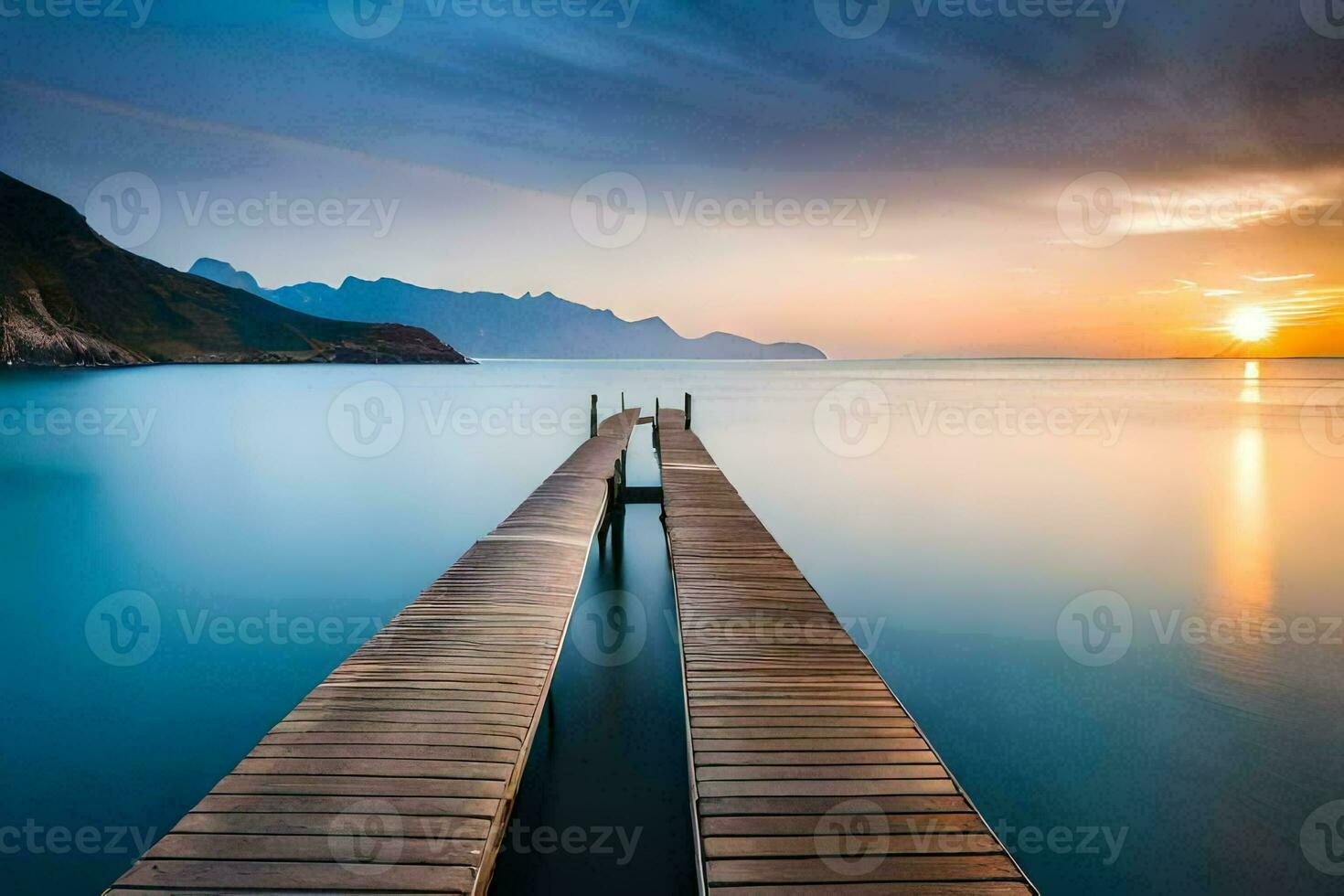 a wooden dock stretches out into the ocean at sunset. AI-Generated photo