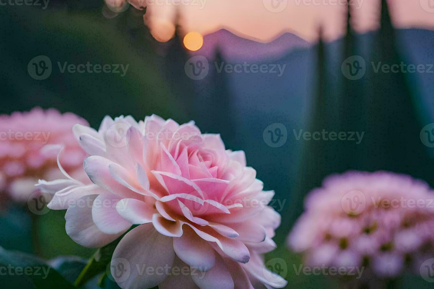 pink flowers in the foreground with mountains in the background. AI-Generated photo