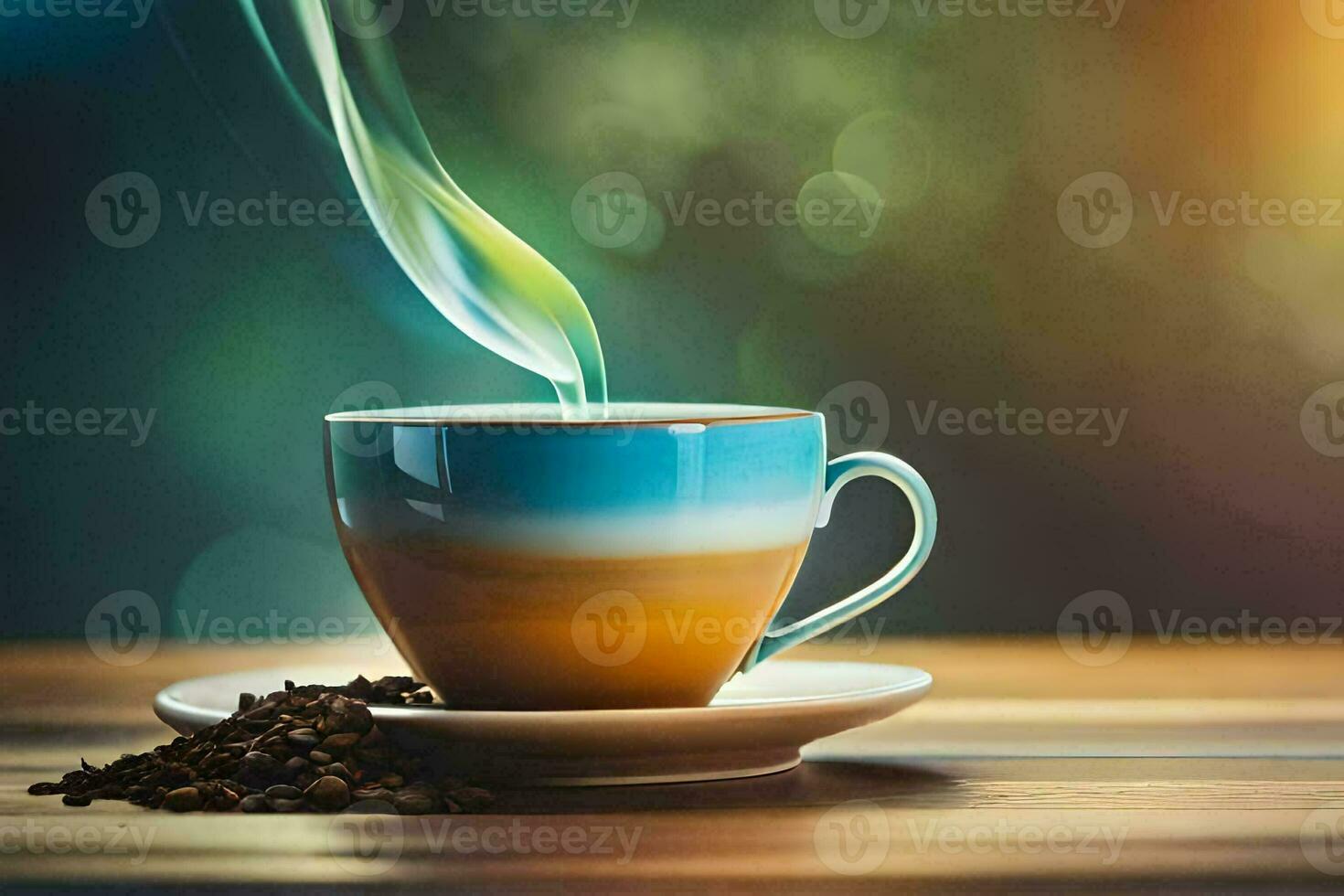 coffee cup with steam on a wooden table. AI-Generated photo