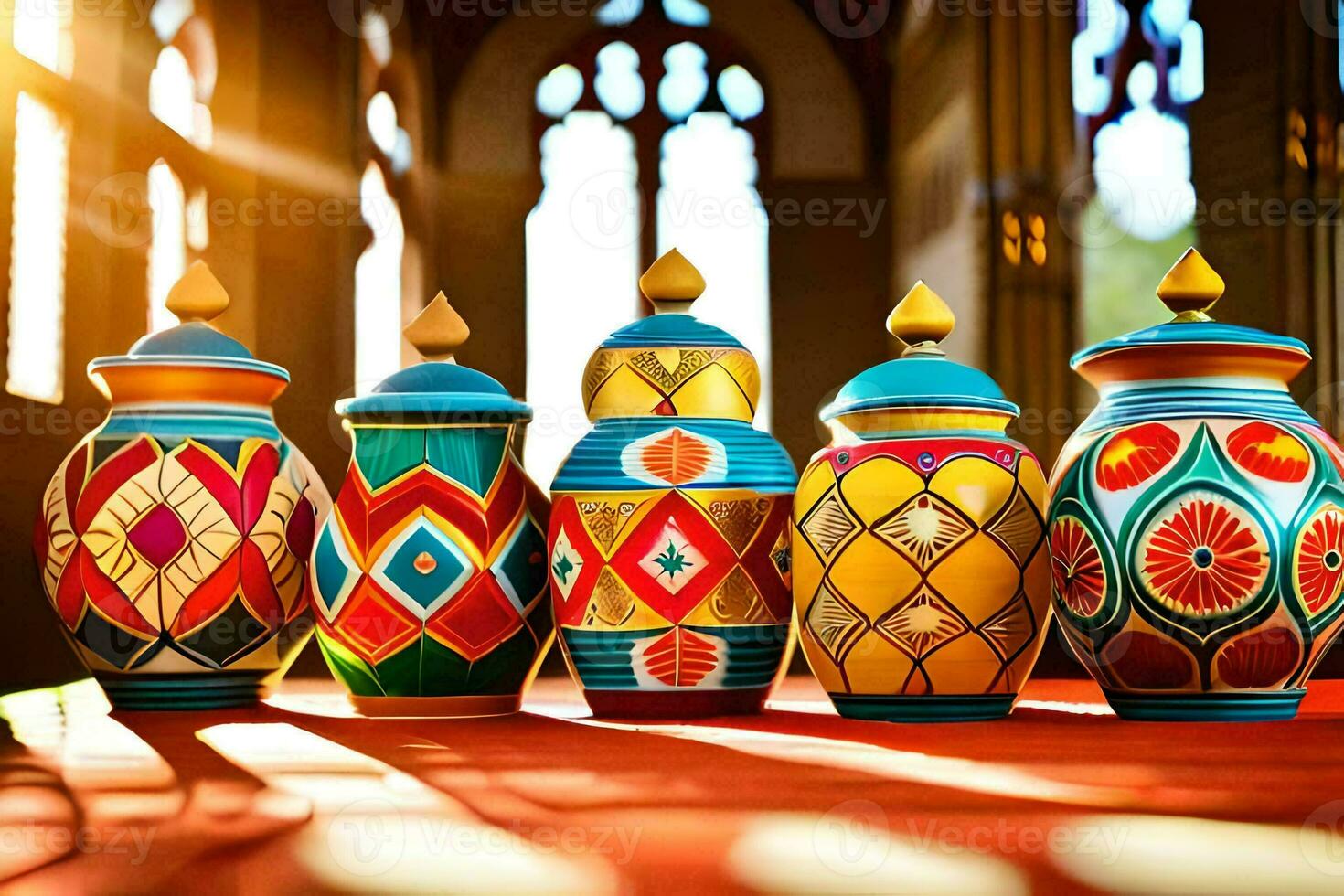 five colorful ceramic urns on a red table. AI-Generated photo