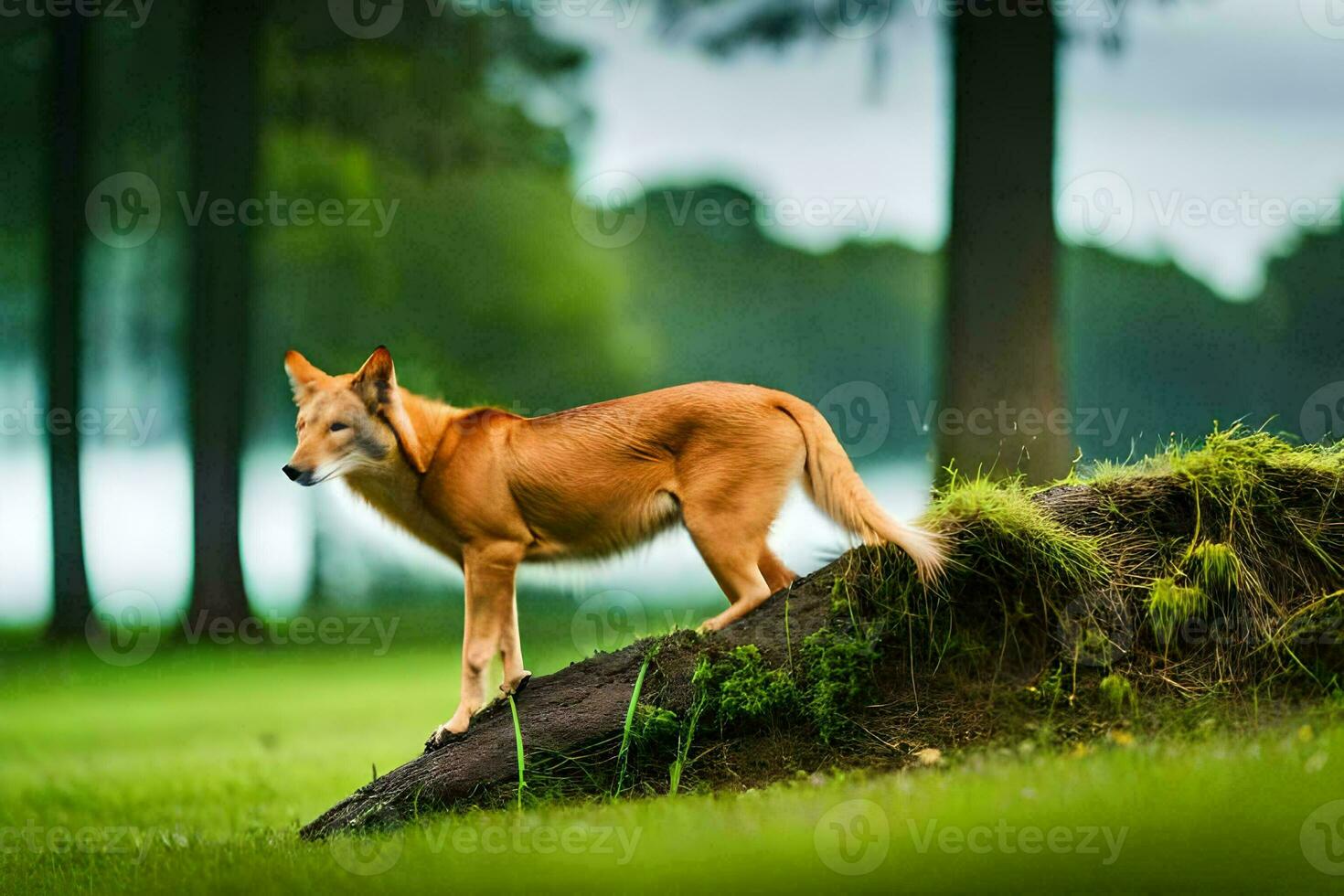 a red fox standing on a log in the grass. AI-Generated photo