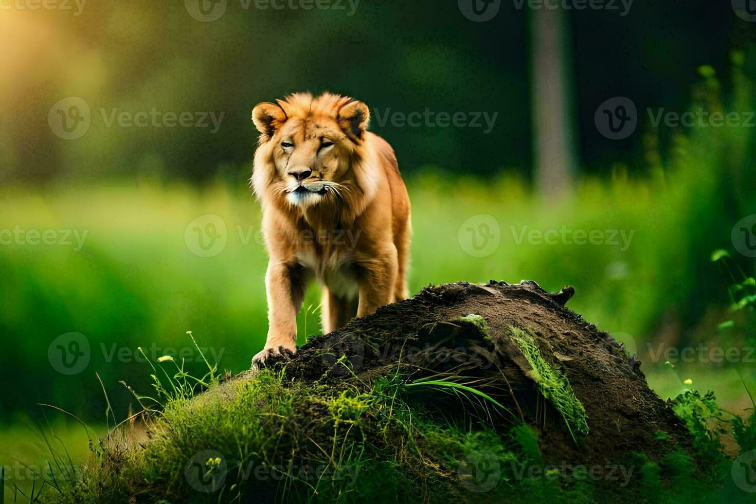 the lion is standing on the grass in the middle of the forest. AI-Generated photo