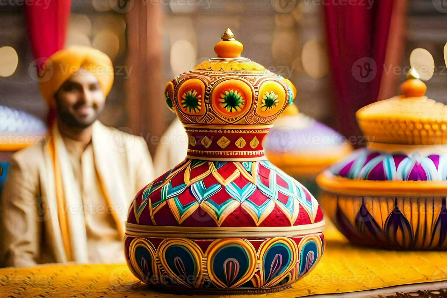 a man in a turban sits next to a vase. AI-Generated photo