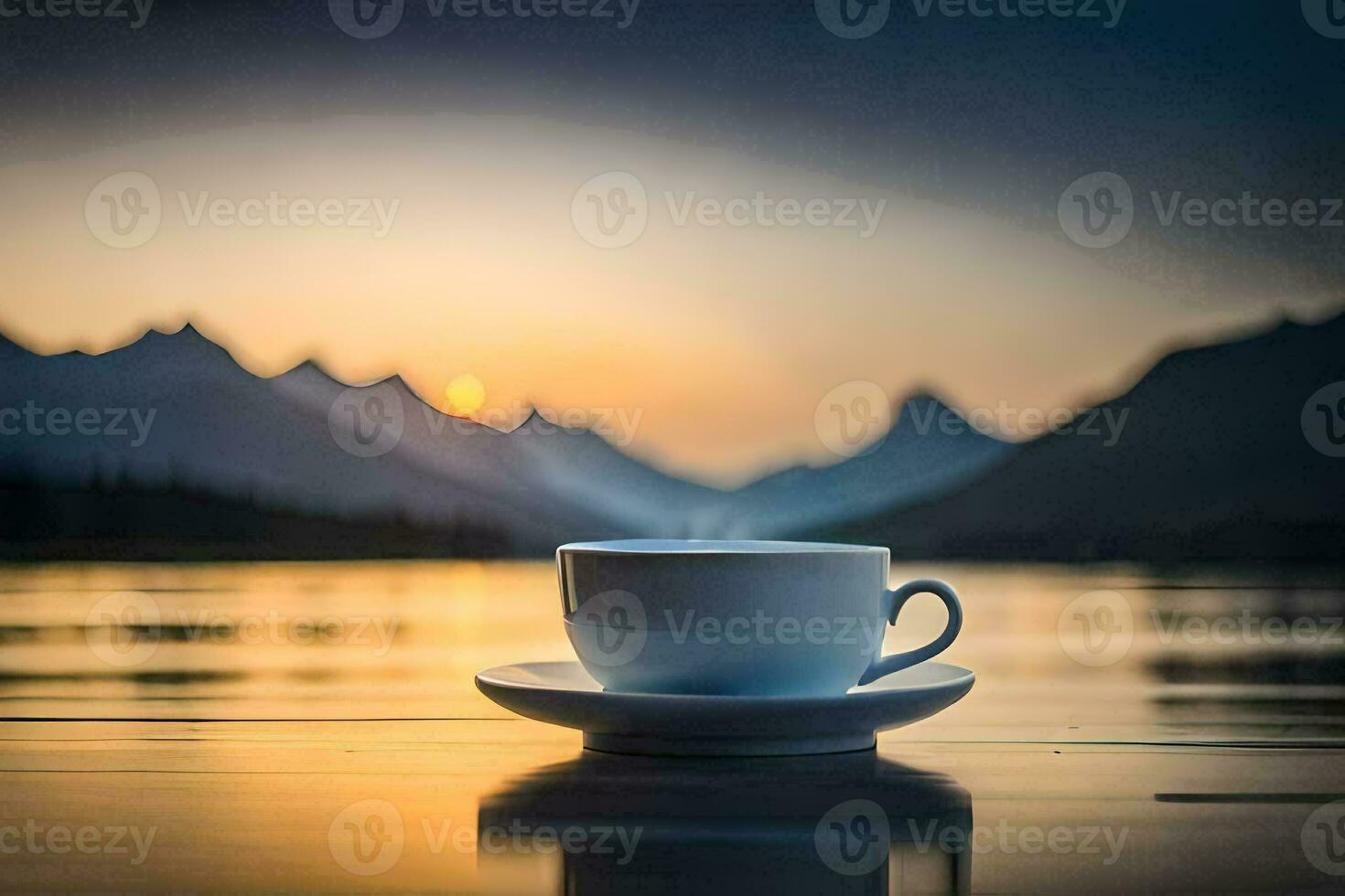 a cup of coffee sits on the edge of a lake with mountains in the background. AI-Generated photo