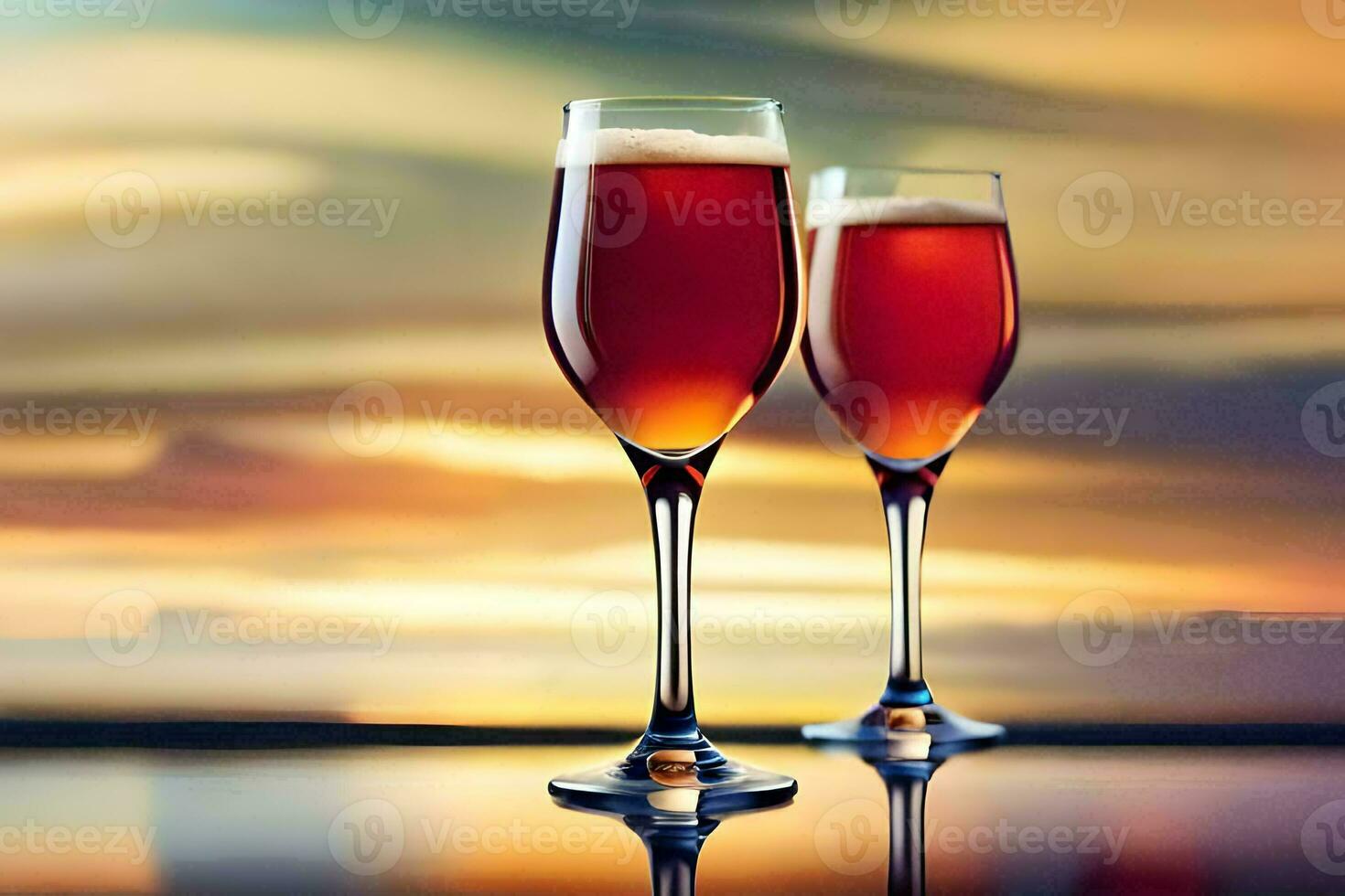 two glasses of red wine on a table with a sunset in the background. AI-Generated photo