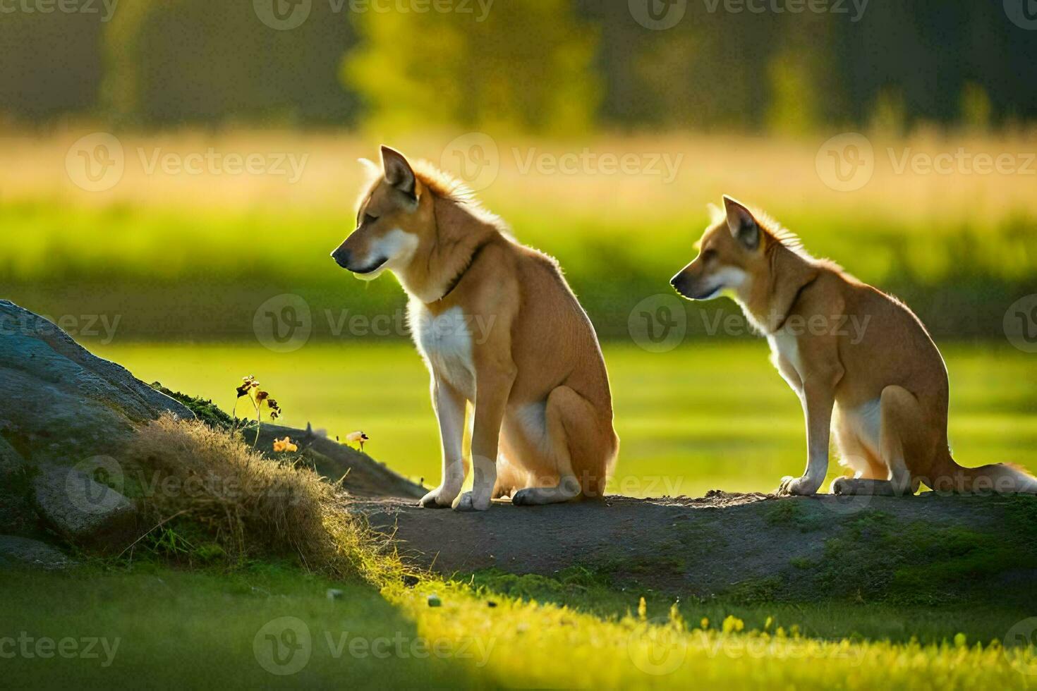 two dogs sitting on a rock in the grass. AI-Generated photo