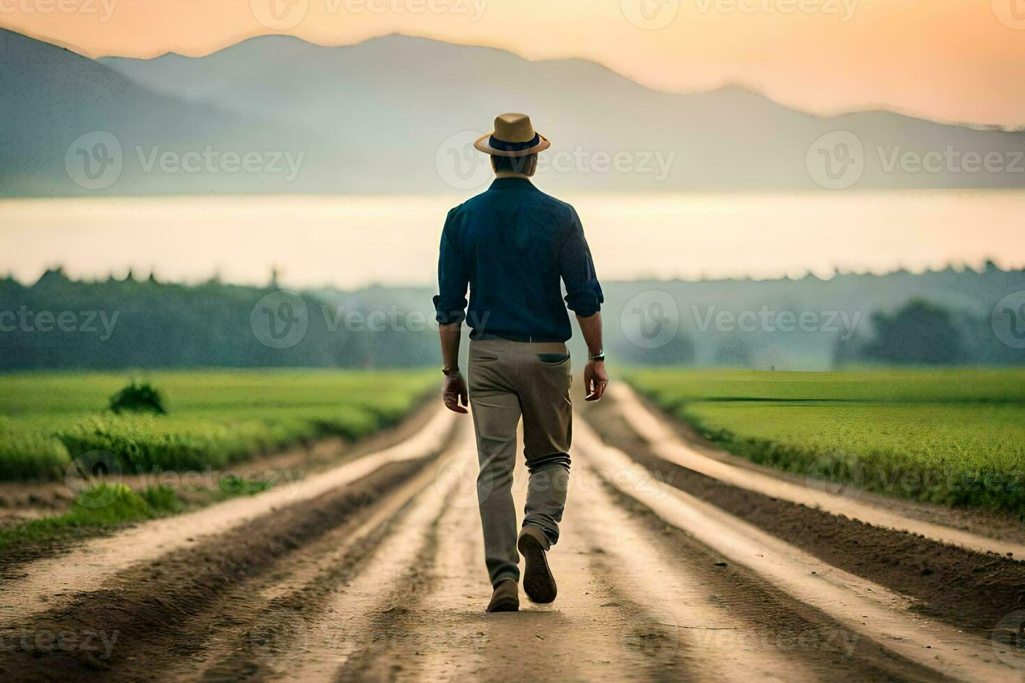 a man in a hat walks down a dirt road. AI-Generated photo