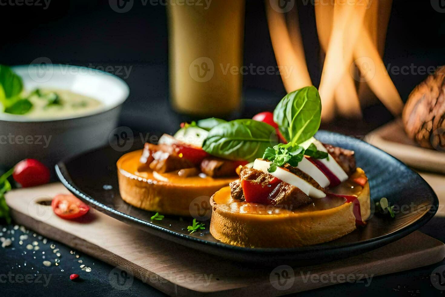 food on a plate with a fire in the background. AI-Generated photo