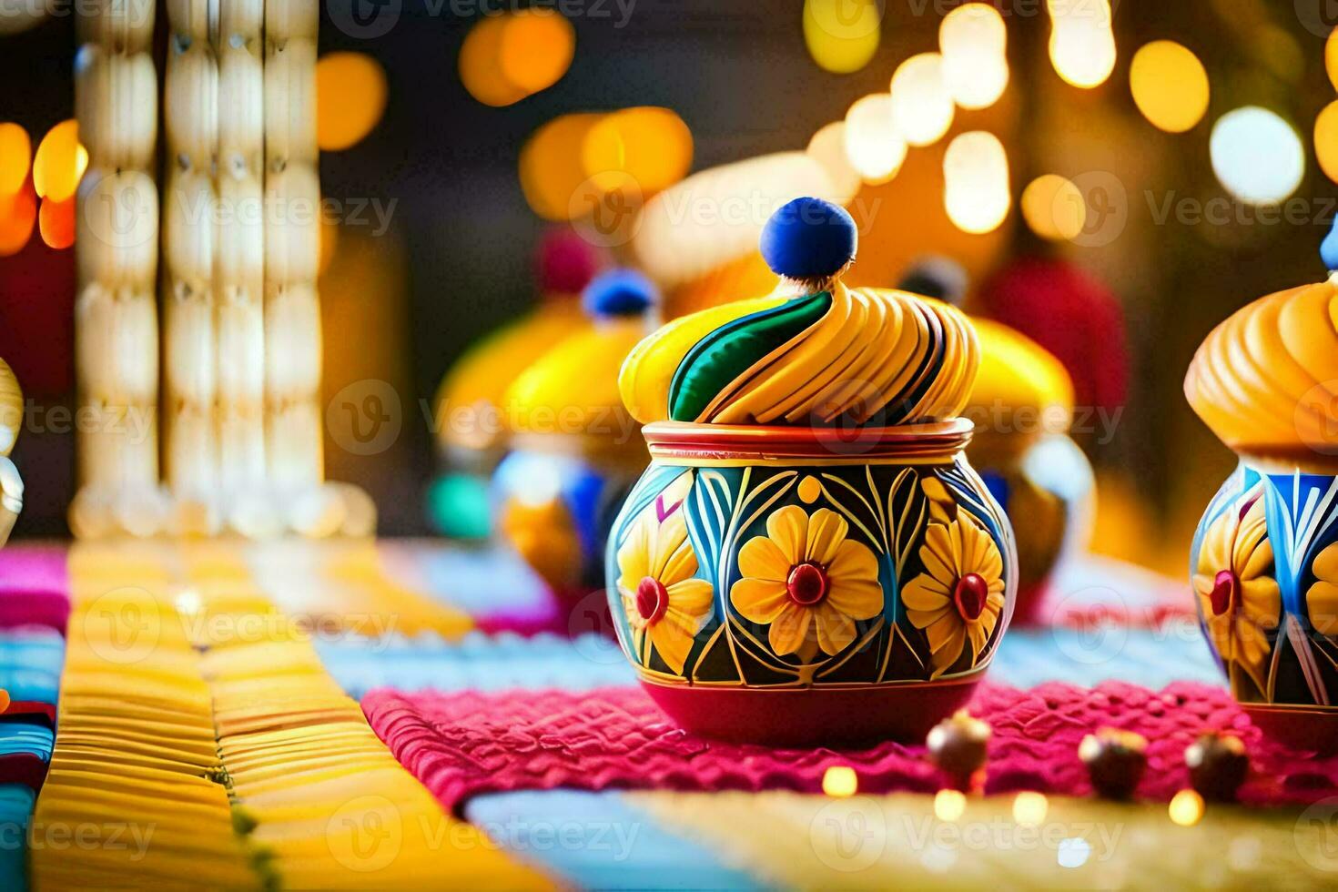 colorful pots and vases sit on a table. AI-Generated photo