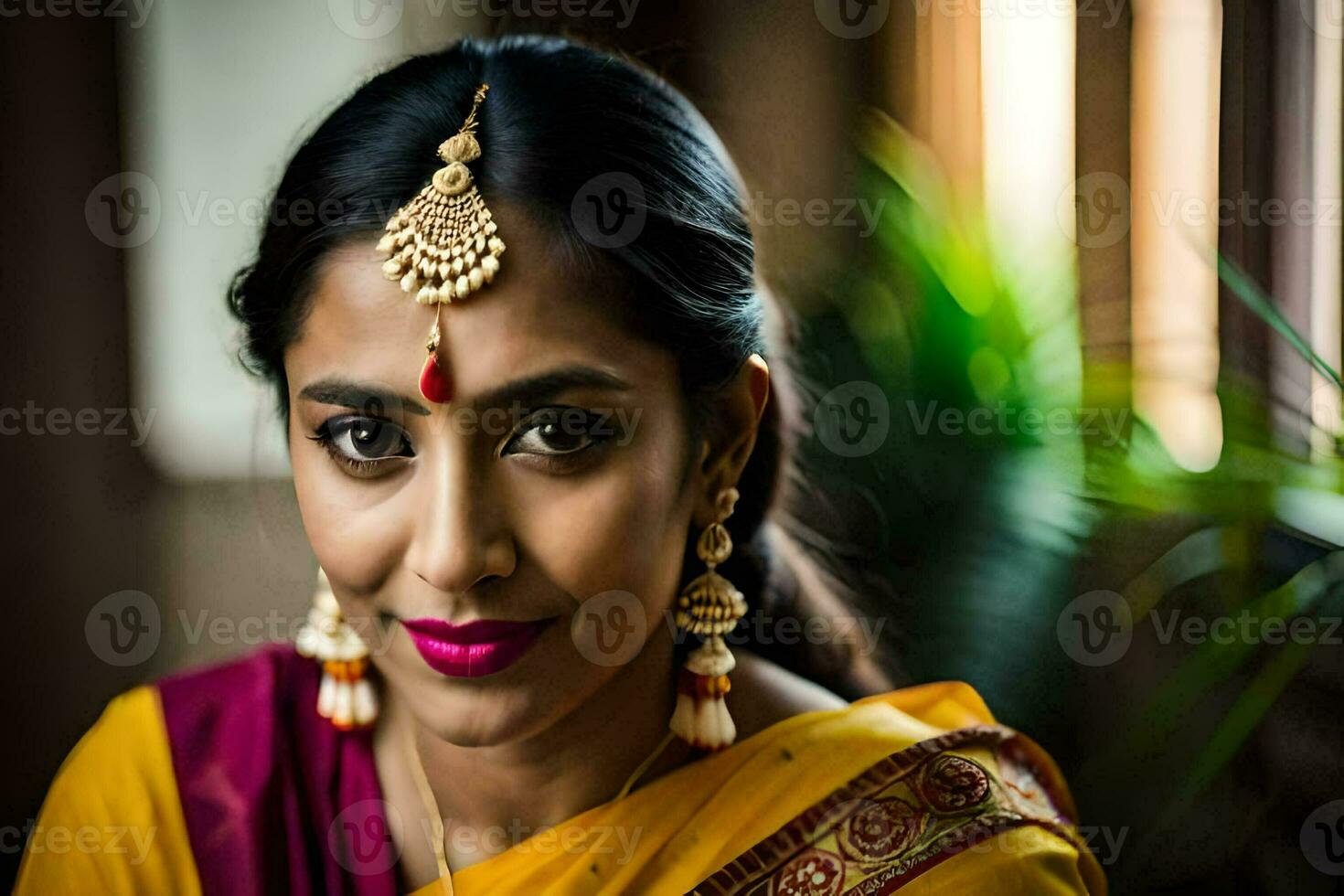 un mujer en un sari con oro joyas. generado por ai foto