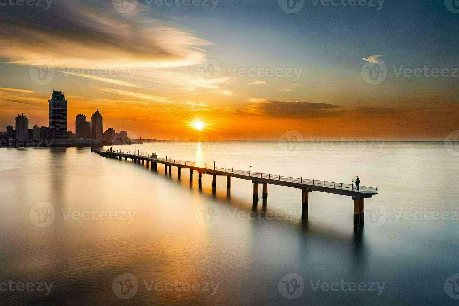 the sun sets over a pier in the ocean. AI-Generated photo