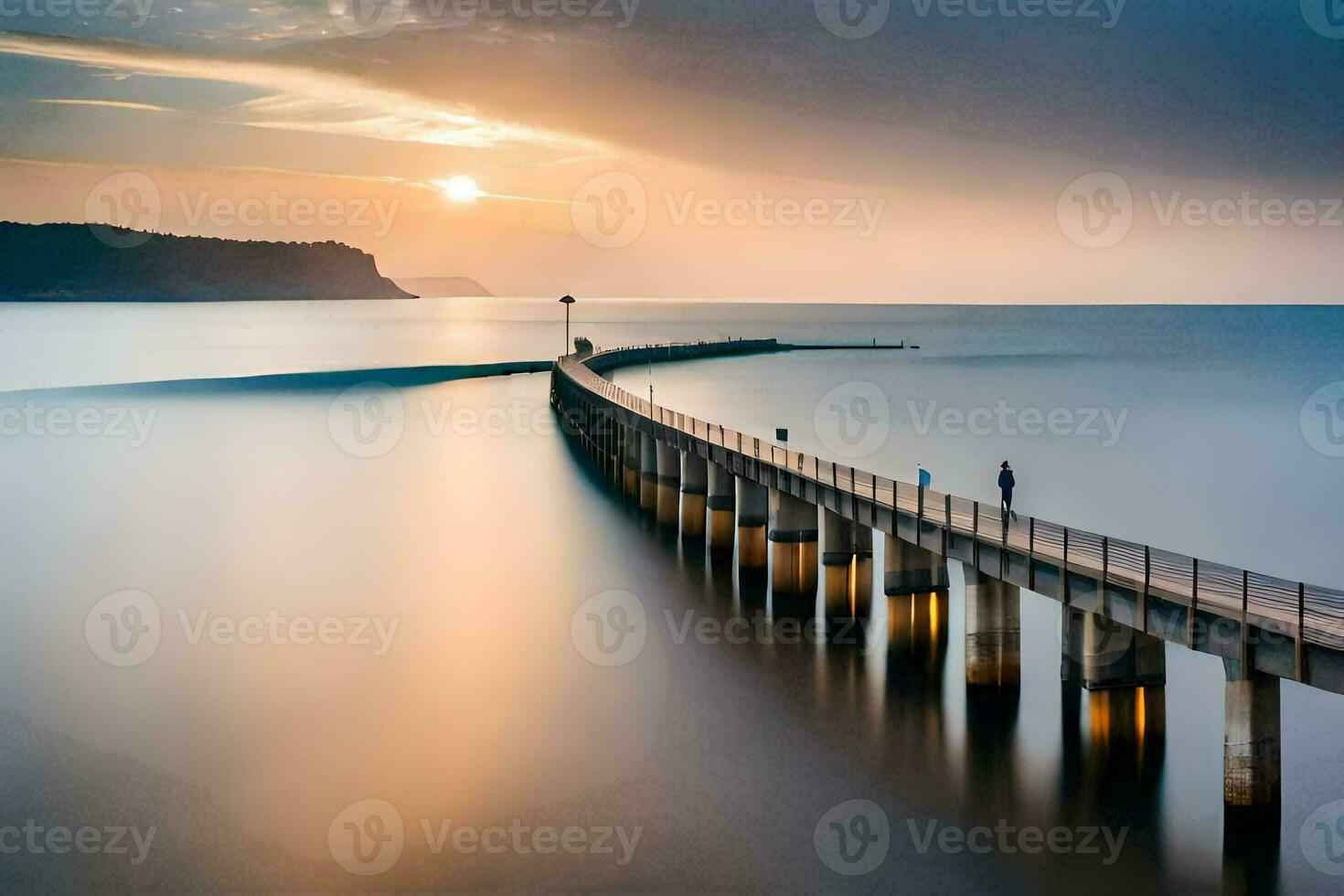 largo exposición de un muelle a puesta de sol. generado por ai foto