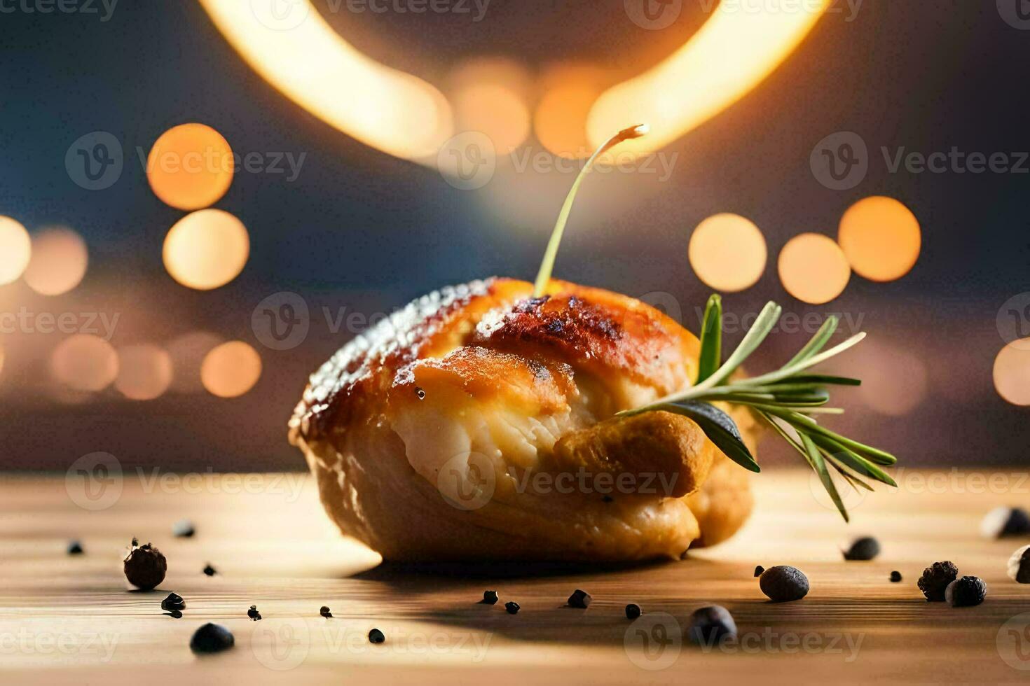 a chicken with rosemary on top of a wooden table. AI-Generated photo