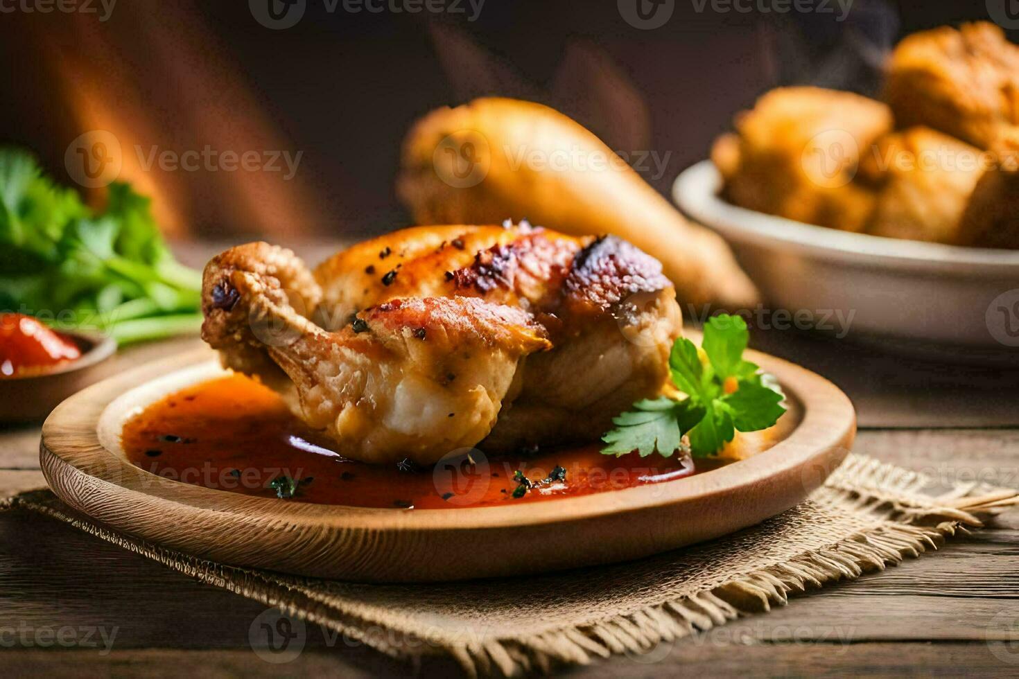 pollo con salsa y patatas en un de madera mesa. generado por ai foto