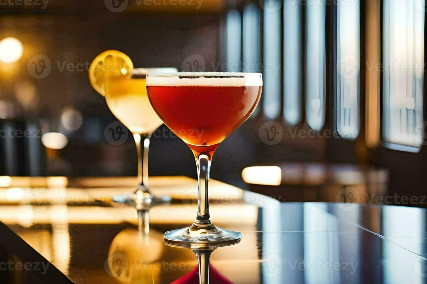 two cocktails sit on a bar with a window in the background. AI-Generated photo